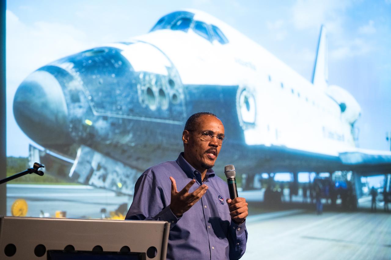 Former astronaut Alvin Drew provides remarks during the Earth Information Center Student Engagement event at the Mary W. Jackson NASA Headquarters building, Friday, Sept. 29, 2023, in Washington. Photo Credit: (NASA/Aubrey Gemignani)