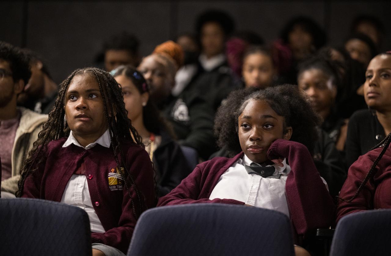 Students are seen in the audience during the Earth Information Center Student Engagement event where former NASA astronauts Drew Feustel and Alvin Drew spoke about their time in space, at the Mary W. Jackson NASA Headquarters building, Friday, Sept. 29, 2023, in Washington. Photo Credit: (NASA/Aubrey Gemignani)