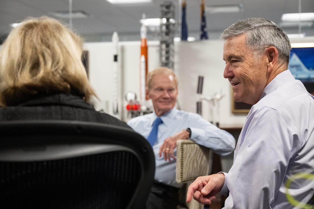 Bob Cabana, NASA associate administrator, speaks with the 2021 astronaut candidate class with NASA Administrator Bill Nelson and NASA Deputy Administrator Pam Melroy, Wednesday, Oct. 18, 2023, at the Mary W. Jackson NASA Headquarters building in Washington. Upon completion of two years of training they could be assigned to missions that involve performing research aboard the International Space Station, launching from American soil on spacecraft built by commercial companies, as well as deep space missions to destinations including the Moon on NASA’s Orion spacecraft and Space Launch System rocket. Photo Credit: (NASA/Joel Kowsky)