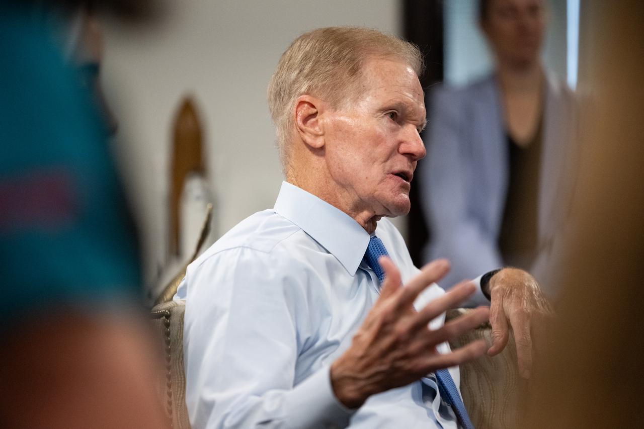 NASA Administrator Bill Nelson speaks with the 2021 astronaut candidate class with NASA Deputy Administrator Pam Melroy and Bob Cabana, NASA associate administrator, Wednesday, Oct. 18, 2023, at the Mary W. Jackson NASA Headquarters building in Washington. Upon completion of two years of training they could be assigned to missions that involve performing research aboard the International Space Station, launching from American soil on spacecraft built by commercial companies, as well as deep space missions to destinations including the Moon on NASA’s Orion spacecraft and Space Launch System rocket. Photo Credit: (NASA/Joel Kowsky)
