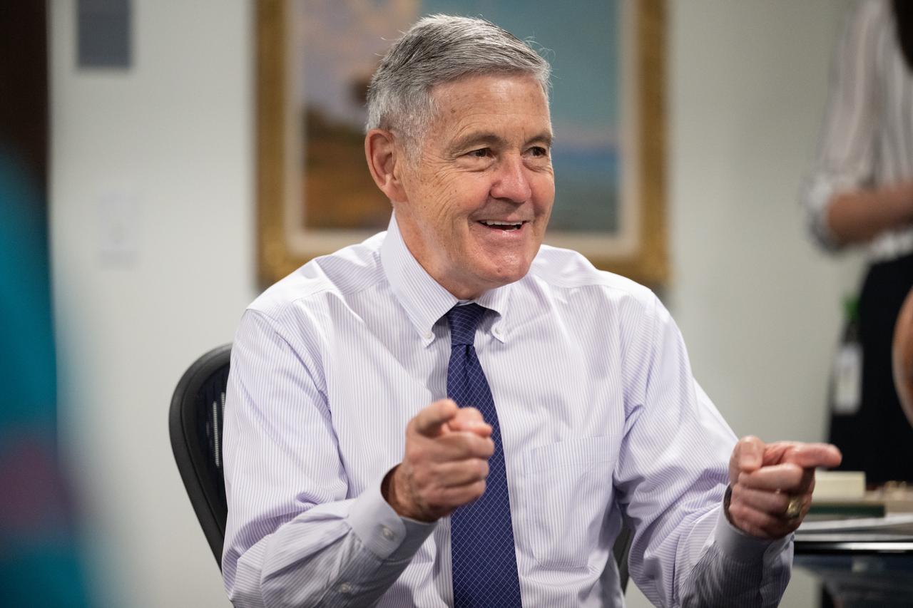 Bob Cabana, NASA associate administrator, speaks with the 2021 astronaut candidate class with NASA Administrator Bill Nelson and NASA Deputy Administrator Pam Melroy, Wednesday, Oct. 18, 2023, at the Mary W. Jackson NASA Headquarters building in Washington. Upon completion of two years of training they could be assigned to missions that involve performing research aboard the International Space Station, launching from American soil on spacecraft built by commercial companies, as well as deep space missions to destinations including the Moon on NASA’s Orion spacecraft and Space Launch System rocket. Photo Credit: (NASA/Joel Kowsky)
