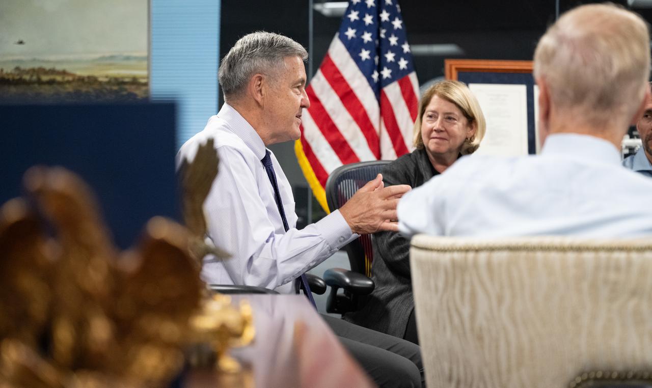 Bob Cabana, NASA associate administrator, speaks with the 2021 astronaut candidate class with NASA Administrator Bill Nelson and NASA Deputy Administrator Pam Melroy, Wednesday, Oct. 18, 2023, at the Mary W. Jackson NASA Headquarters building in Washington. Upon completion of two years of training they could be assigned to missions that involve performing research aboard the International Space Station, launching from American soil on spacecraft built by commercial companies, as well as deep space missions to destinations including the Moon on NASA’s Orion spacecraft and Space Launch System rocket. Photo Credit: (NASA/Joel Kowsky)