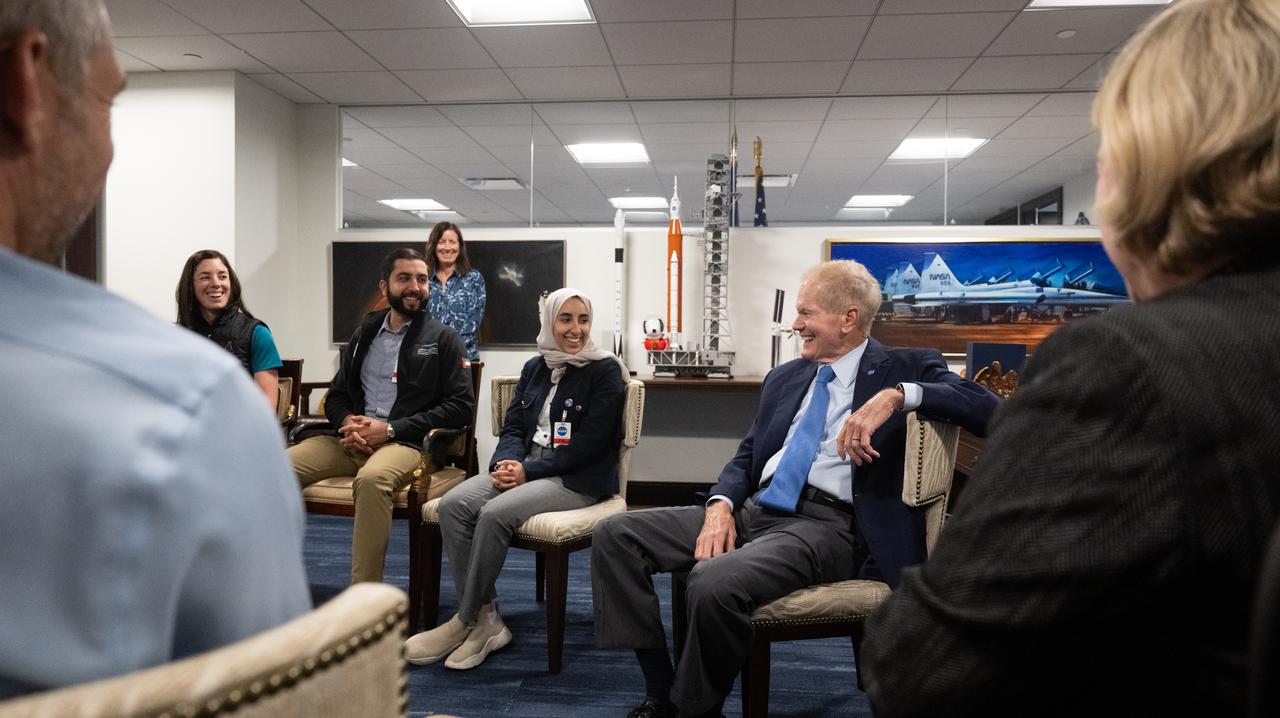 NASA astronaut candidate Christina Birch, left, and UAE (United Arab Emirates) astronaut candidates Mohammed Al Mulla and Nora Al Matrooshi are seen during a meeting with NASA Administrator Bill Nelson, NASA Deputy Administrator Pam Melroy, and Bob Cabana, NASA associate administrator, Wednesday, Oct. 18, 2023, at the Mary W. Jackson NASA Headquarters building in Washington. Upon completion of two years of training they could be assigned to missions that involve performing research aboard the International Space Station, launching from American soil on spacecraft built by commercial companies, as well as deep space missions to destinations including the Moon on NASA’s Orion spacecraft and Space Launch System rocket. Photo Credit: (NASA/Joel Kowsky)