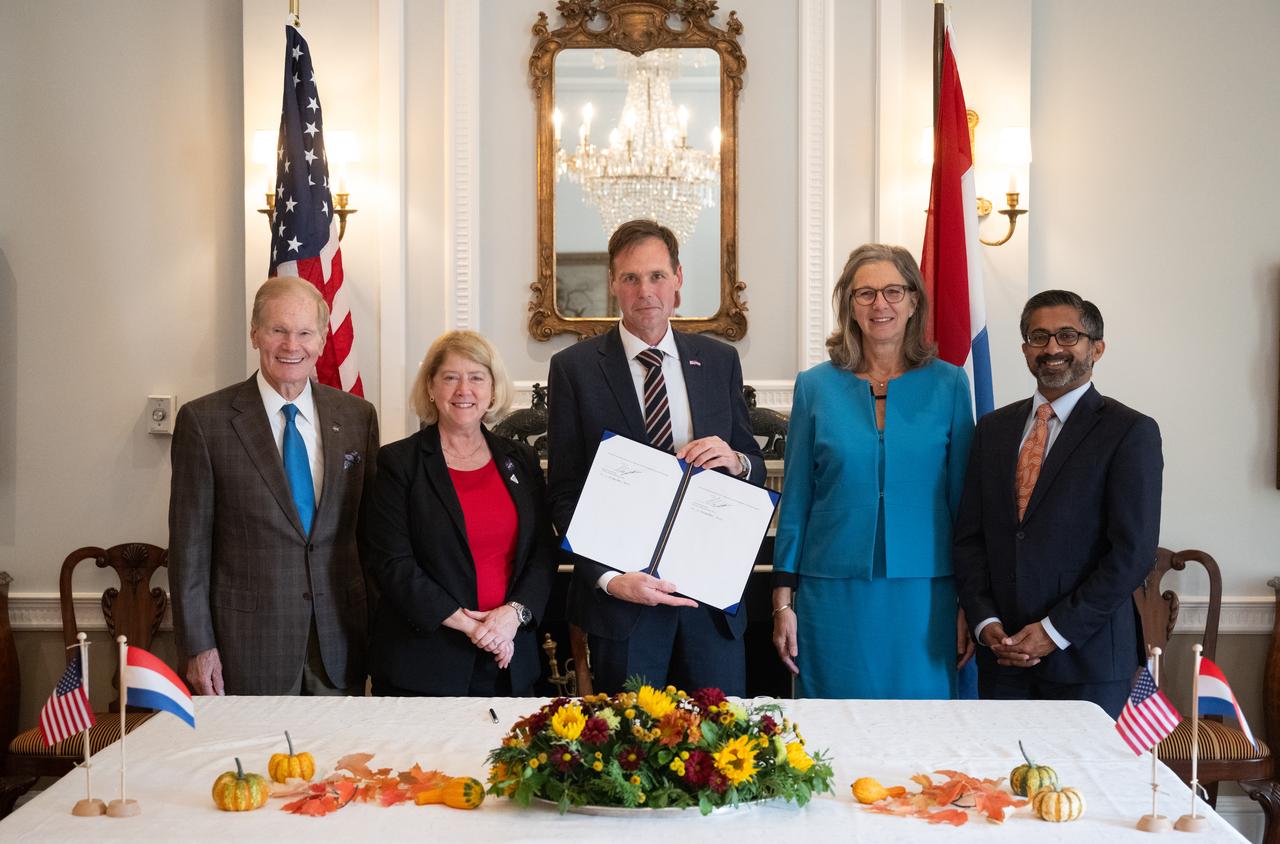 NASA Administrator Bill Nelson, left, NASA Deputy Administrator Pam Melroy, Harm van de Wetering, director of the Netherlands Space Office, Ambassador of the Kingdom of the Netherlands to the United States Birgitta Tazelaar, and Chiragh Parikh, executive secretary of the National Space Council, pose for a picture after the signing of the Artemis Accords, Wednesday, Nov. 1, 2023, at the Dutch Ambassador’s Residence in Washington. Netherlands is the 31st country to sign the Artemis Accords, which establish a practical set of principles to guide space exploration cooperation among nations participating in NASA’s Artemis program.  Photo Credit: (NASA/Joel Kowsky)