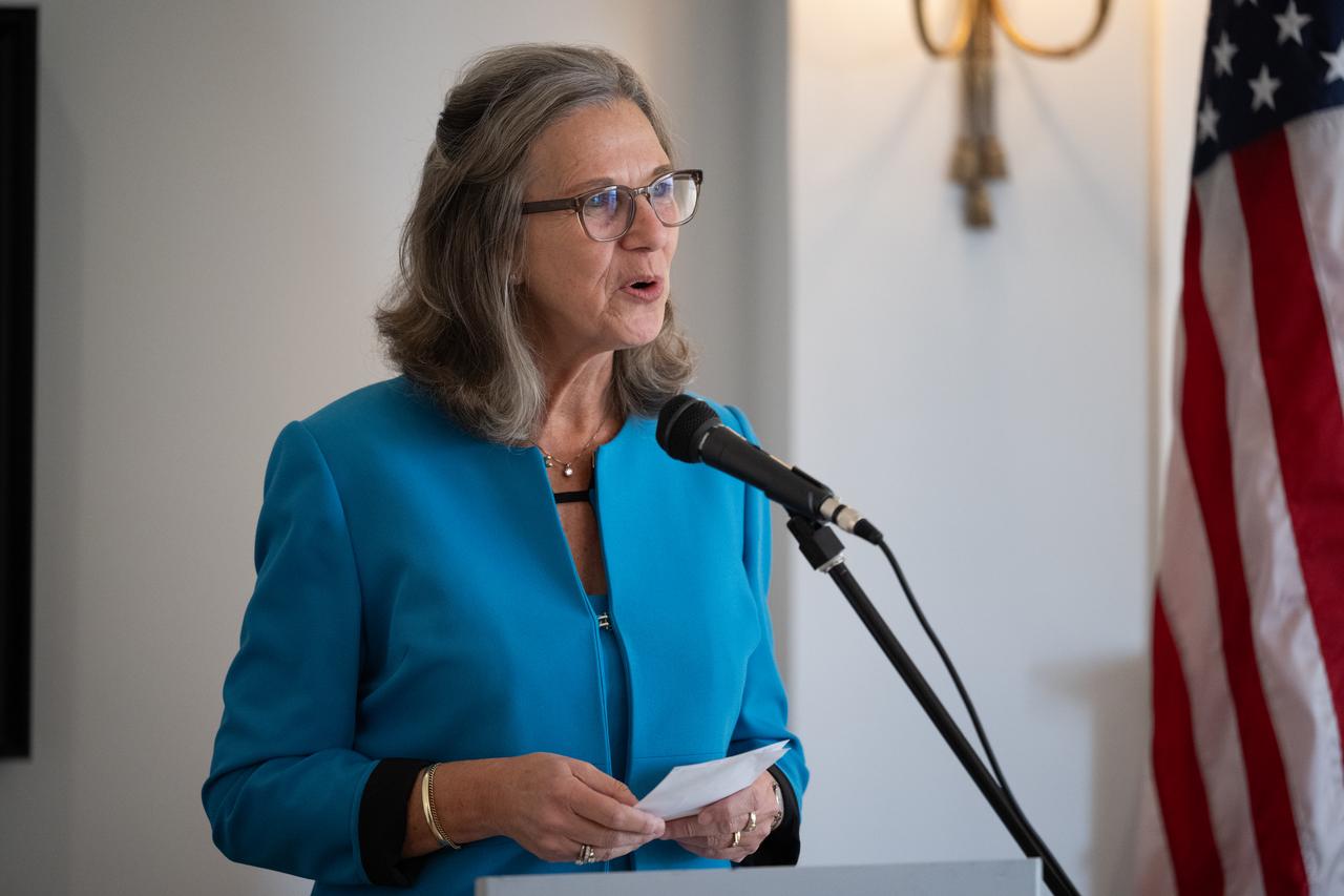 Ambassador of the Kingdom of the Netherlands to the United States Birgitta Tazelaar delivers remarks during an Artemis Accords signing ceremony, Wednesday, Nov. 1, 2023, at the Dutch Ambassador’s Residence in Washington. Netherlands is the 31st country to sign the Artemis Accords, which establish a practical set of principles to guide space exploration cooperation among nations participating in NASA’s Artemis program. Photo Credit: (NASA/Joel Kowsky)