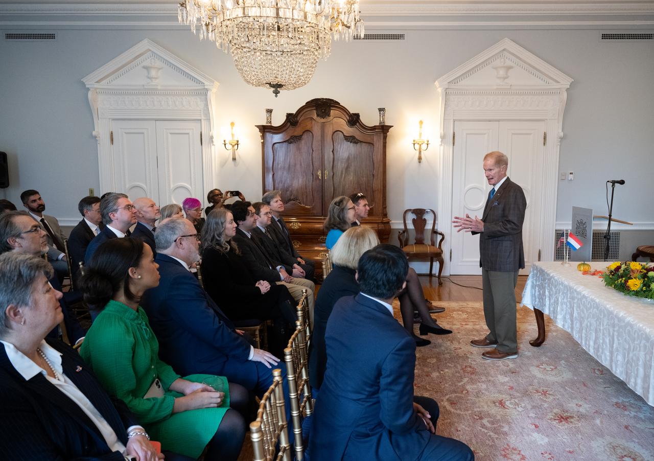 NASA Administrator Bill Nelson delivers remarks during an Artemis Accords signing ceremony, Wednesday, Nov. 1, 2023, at the Dutch Ambassador’s Residence in Washington. Netherlands is the 31st country to sign the Artemis Accords, which establish a practical set of principles to guide space exploration cooperation among nations participating in NASA’s Artemis program.  Photo Credit: (NASA/Joel Kowsky)