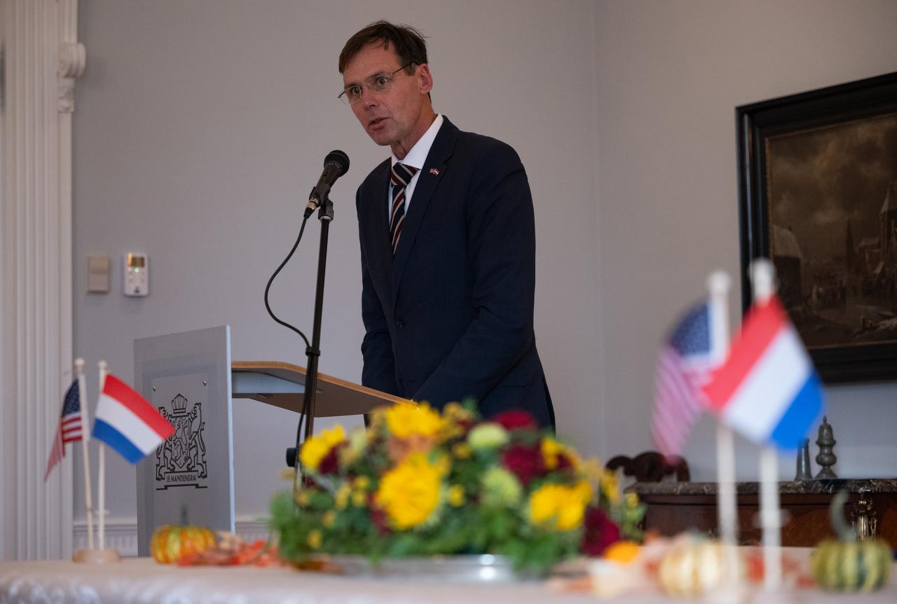 Harm van de Wetering, director of the Netherlands Space Office, delivers remarks during an Artemis Accords signing ceremony, Wednesday, Nov. 1, 2023, at the Dutch Ambassador’s Residence in Washington. Netherlands is the 31st country to sign the Artemis Accords, which establish a practical set of principles to guide space exploration cooperation among nations participating in NASA’s Artemis program. Photo Credit: (NASA/Joel Kowsky)