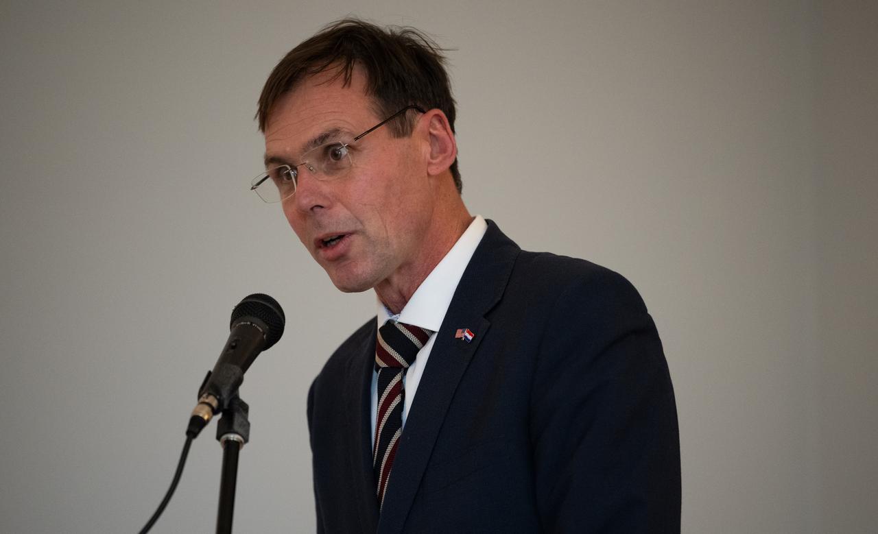 Harm van de Wetering, director of the Netherlands Space Office, delivers remarks during an Artemis Accords signing ceremony, Wednesday, Nov. 1, 2023, at the Dutch Ambassador’s Residence in Washington. Netherlands is the 31st country to sign the Artemis Accords, which establish a practical set of principles to guide space exploration cooperation among nations participating in NASA’s Artemis program. Photo Credit: (NASA/Joel Kowsky)