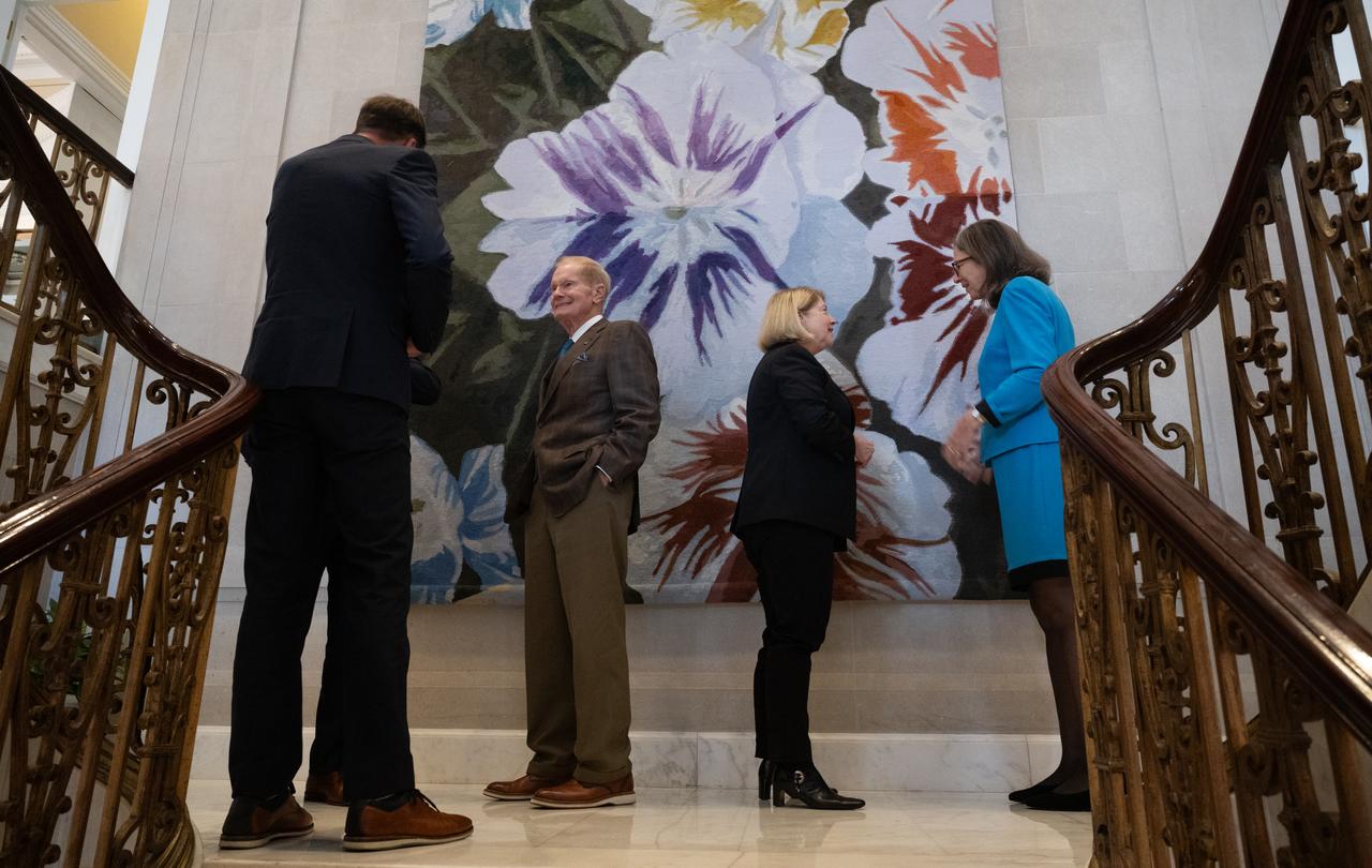 Harm van de Wetering, director of the Netherlands Space Office, left, NASA Administrator Bill Nelson, second from right, Chiragh Parikh, executive secretary of the National Space Council, not visible, NASA Deputy Administrator Pam Melroy, second from right, and Ambassador of the Kingdom of the Netherlands to the United States Birgitta Tazelaar, right, are seen as they speak following the signing of the Artemis Accords, Wednesday, Nov. 1, 2023, at the Dutch Ambassador’s Residence in Washington. Netherlands is the 31st country to sign the Artemis Accords, which establish a practical set of principles to guide space exploration cooperation among nations participating in NASA’s Artemis program.  Photo Credit: (NASA/Joel Kowsky)