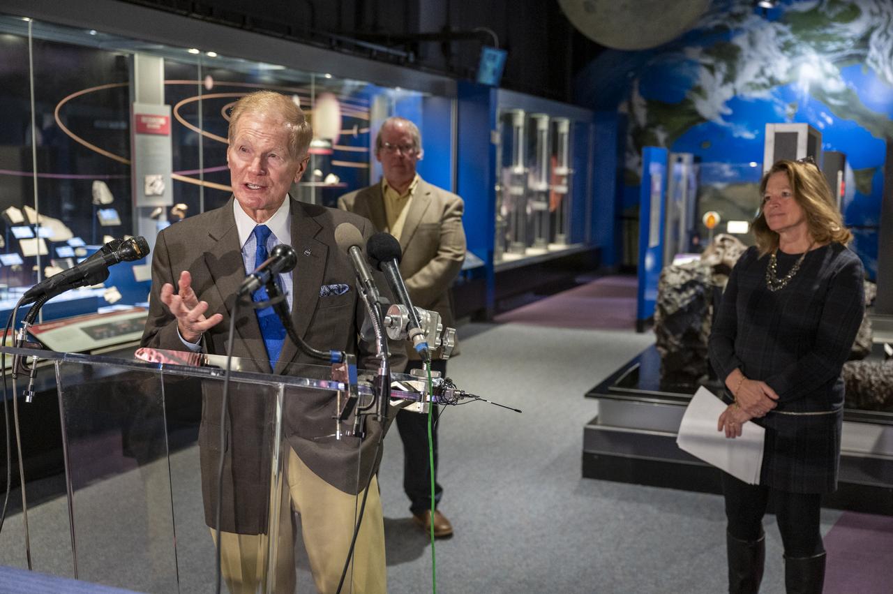 NASA Administrator Bill Nelson delivers remarks during an event to unveil the first public display of a sample from asteroid Bennu, Friday, Nov. 3, 2023, at the Smithsonian’s National Museum of Natural History in Washington. The sample was collected from the carbon rich near Earth asteroid Bennu in October 2020 by NASA’s OSIRIS-REx spacecraft.  Photo Credit: (NASA/Keegan Barber)
