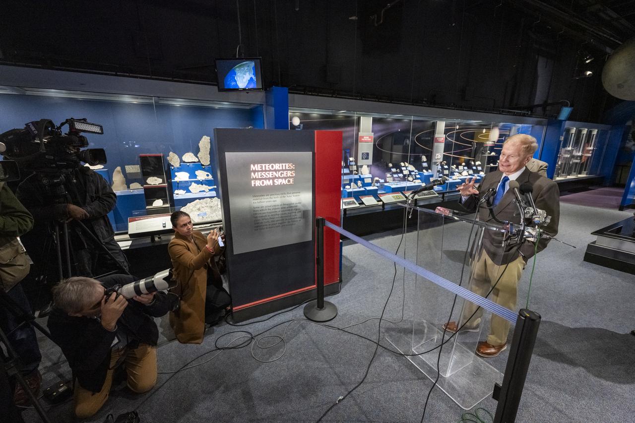 NASA Administrator Bill Nelson delivers remarks during an event to unveil the first public display of a sample from asteroid Bennu, Friday, Nov. 3, 2023, at the Smithsonian’s National Museum of Natural History in Washington. The sample was collected from the carbon rich near Earth asteroid Bennu in October 2020 by NASA’s OSIRIS-REx spacecraft.  Photo Credit: (NASA/Keegan Barber)