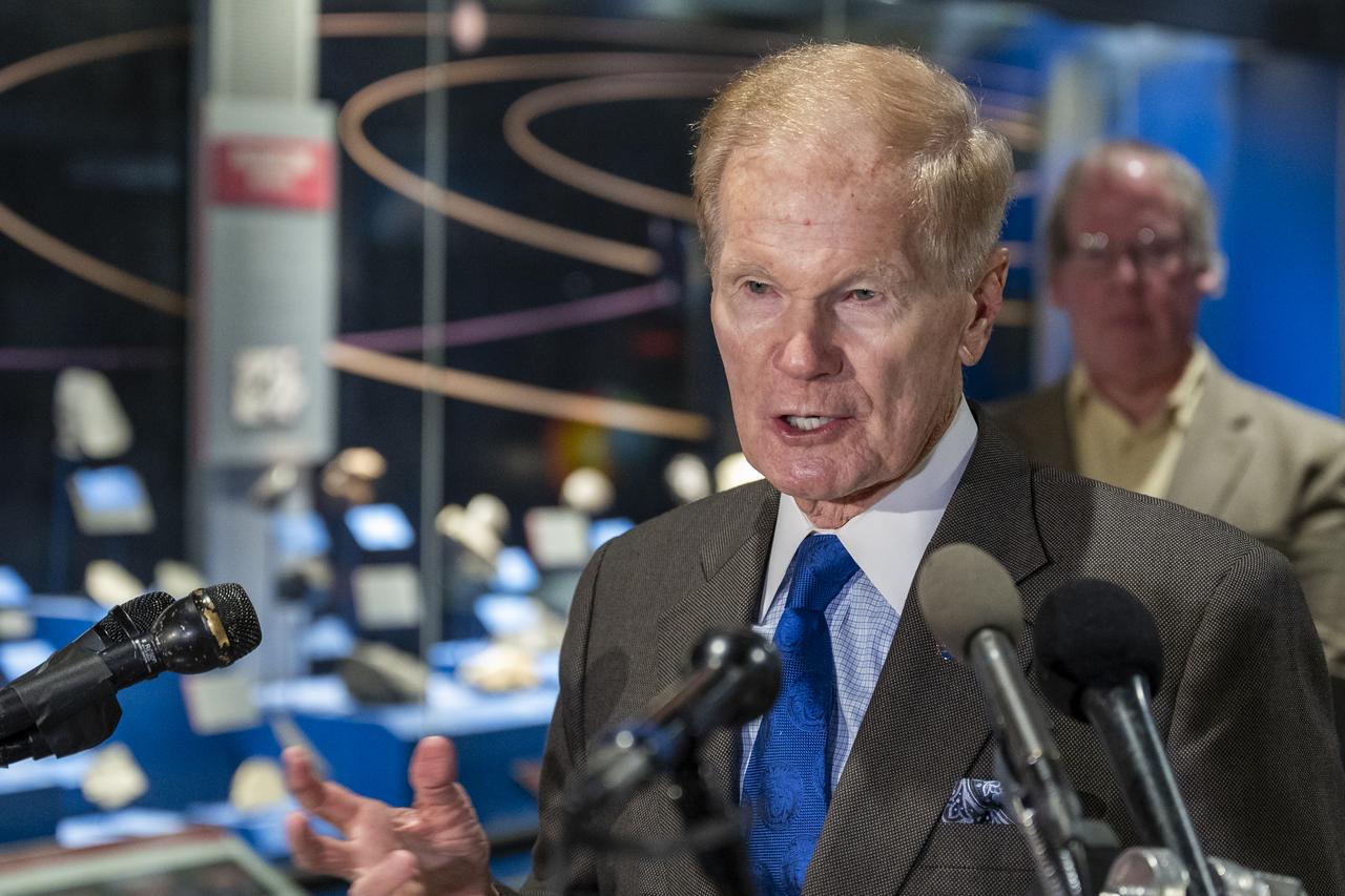 NASA Administrator Bill Nelson delivers remarks during an event to unveil the first public display of a sample from asteroid Bennu, Friday, Nov. 3, 2023, at the Smithsonian’s National Museum of Natural History in Washington. The sample was collected from the carbon rich near Earth asteroid Bennu in October 2020 by NASA’s OSIRIS-REx spacecraft.  Photo Credit: (NASA/Keegan Barber)