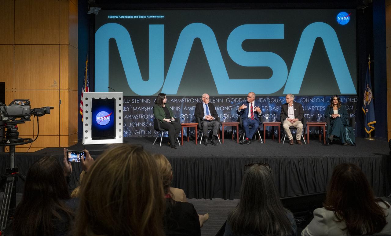 From left to right, moderator and Washington Post design reporter Shelly Tan, creator of the NASA worm logotype Richard Danne, Pentagram designer Michael Bierut, NASA entertainment and branding liaison Bert Ulrich, and Amazon Music head of live event merchandise Julia Heiser, participate in a panel discussion during a Richard Danne dedication event, Monday, Nov. 6, 2023, at the Mary W. Jackson NASA Headquarters building in Washington.  Photo Credit: (NASA/Keegan Barber)