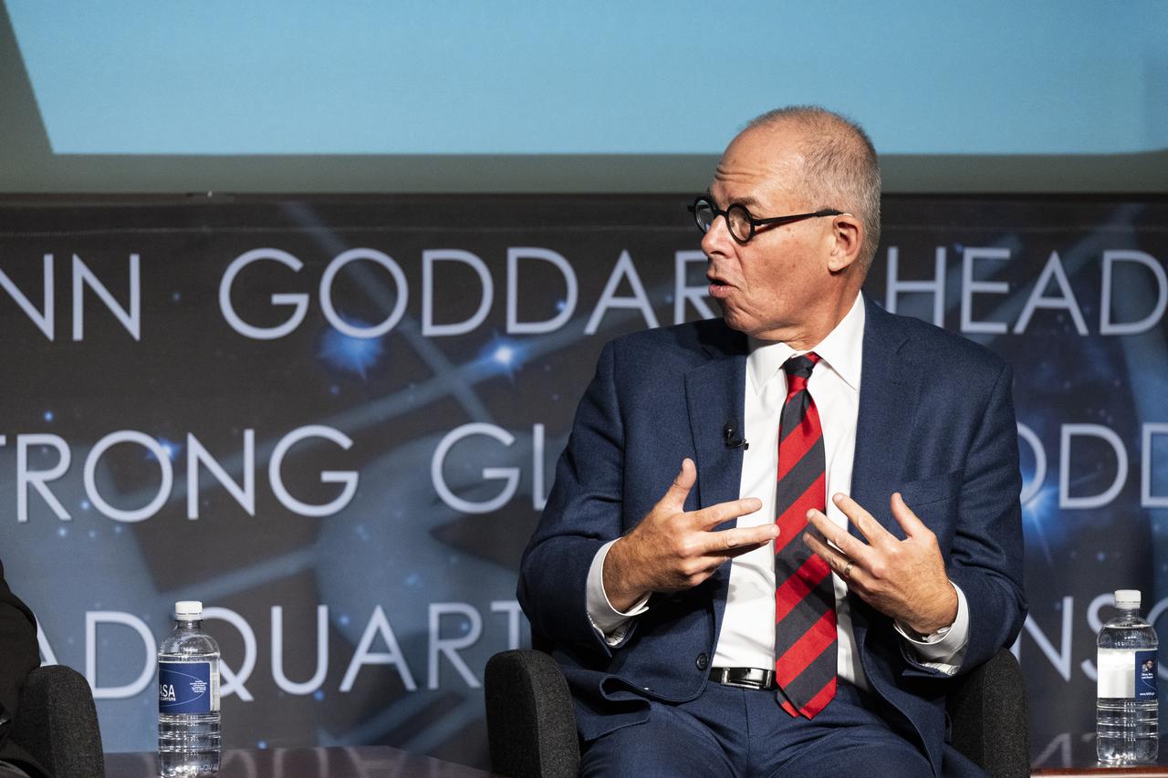 Pentagram designer Michael Bierut participates in a panel discussion during a Richard Danne dedication event, Monday, Nov. 6, 2023, at the Mary W. Jackson NASA Headquarters building in Washington. Photo Credit: (NASA/Keegan Barber)