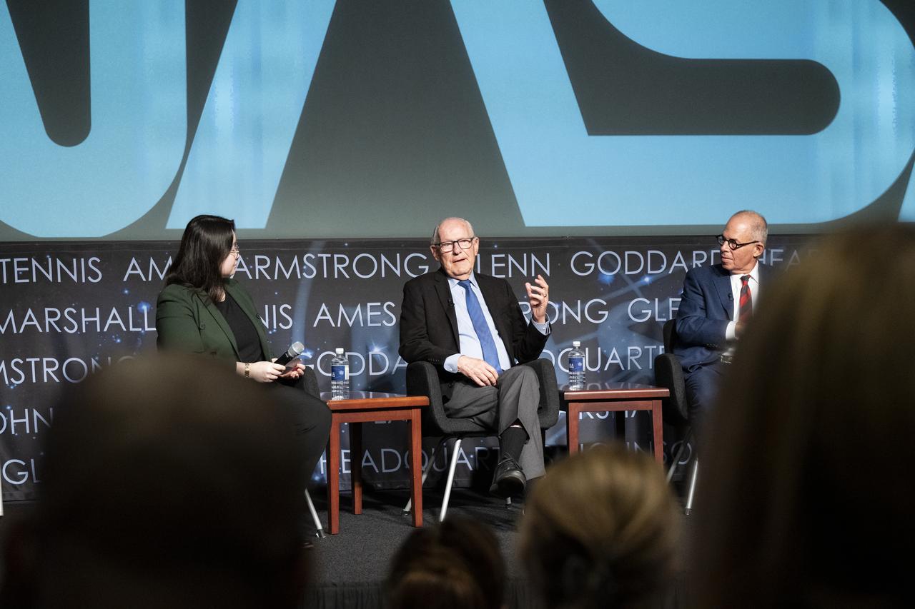From left to right, moderator and Washington Post design reporter Shelly Tan, creator of the NASA worm logotype Richard Danne, and Pentagram designer Michael Bierut, participate in a panel discussion during a Richard Danne dedication event, Monday, Nov. 6, 2023, at the Mary W. Jackson NASA Headquarters building in Washington. Photo Credit: (NASA/Keegan Barber)