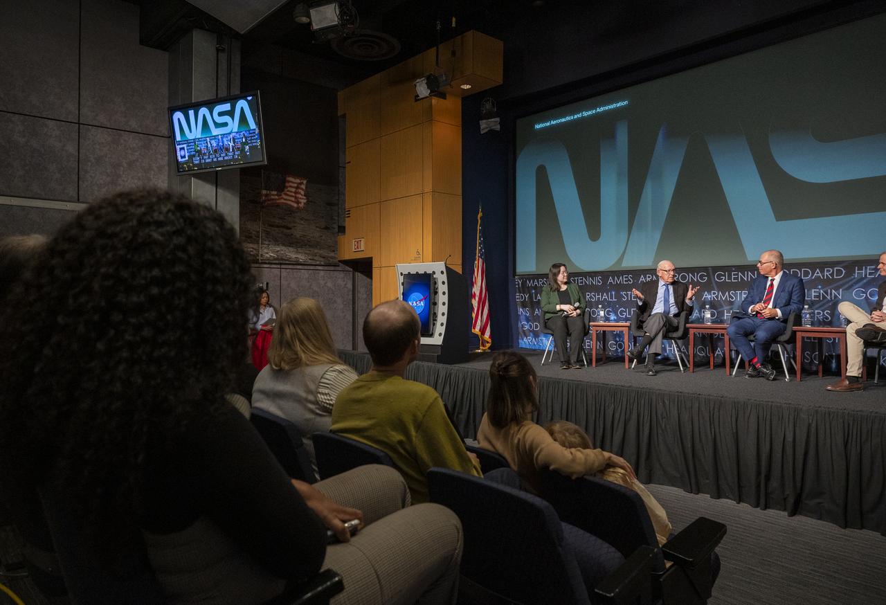 From left to right, moderator and Washington Post design reporter Shelly Tan, creator of the NASA worm logotype Richard Danne, and Pentagram designer Michael Bierut, participate in a panel discussion during a Richard Danne dedication event, Monday, Nov. 6, 2023, at the Mary W. Jackson NASA Headquarters building in Washington.  Photo Credit: (NASA/Keegan Barber)