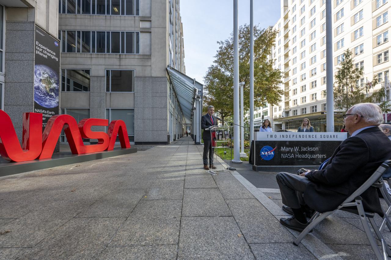 NASA Associate Administrator Bob Cabana delivers remarks during a dedication event for Richard Danne, creator of the NASA worm logotype, Monday, Nov. 6, 2023, at the Mary W. Jackson NASA Headquarters building in Washington. Photo Credit: (NASA/Keegan Barber)