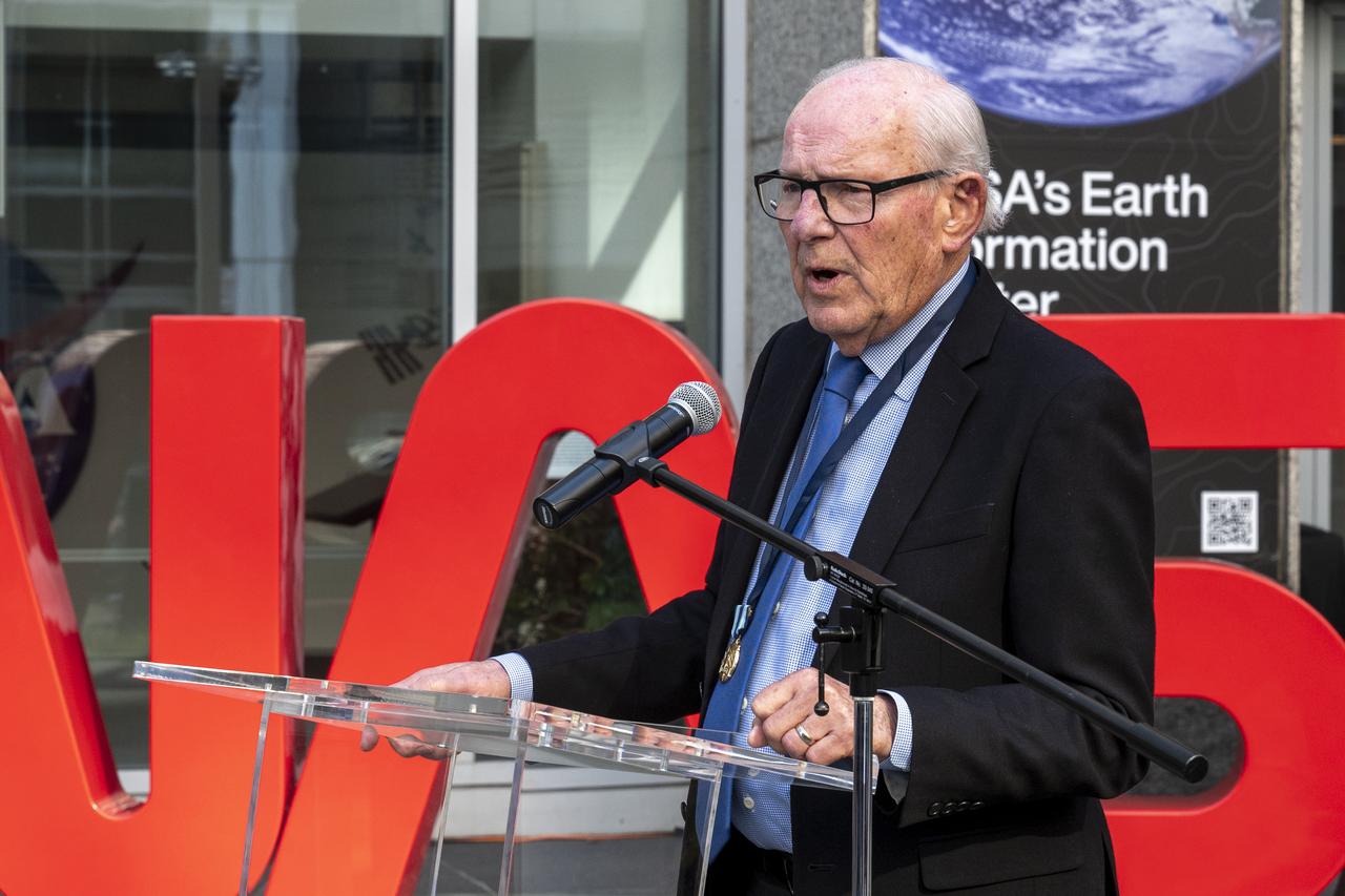 Richard Danne, creator of the NASA worm logotype, delivers remarks during a dedication event, Monday, Nov. 6, 2023, at the Mary W. Jackson NASA Headquarters building in Washington. Photo Credit: (NASA/Keegan Barber)