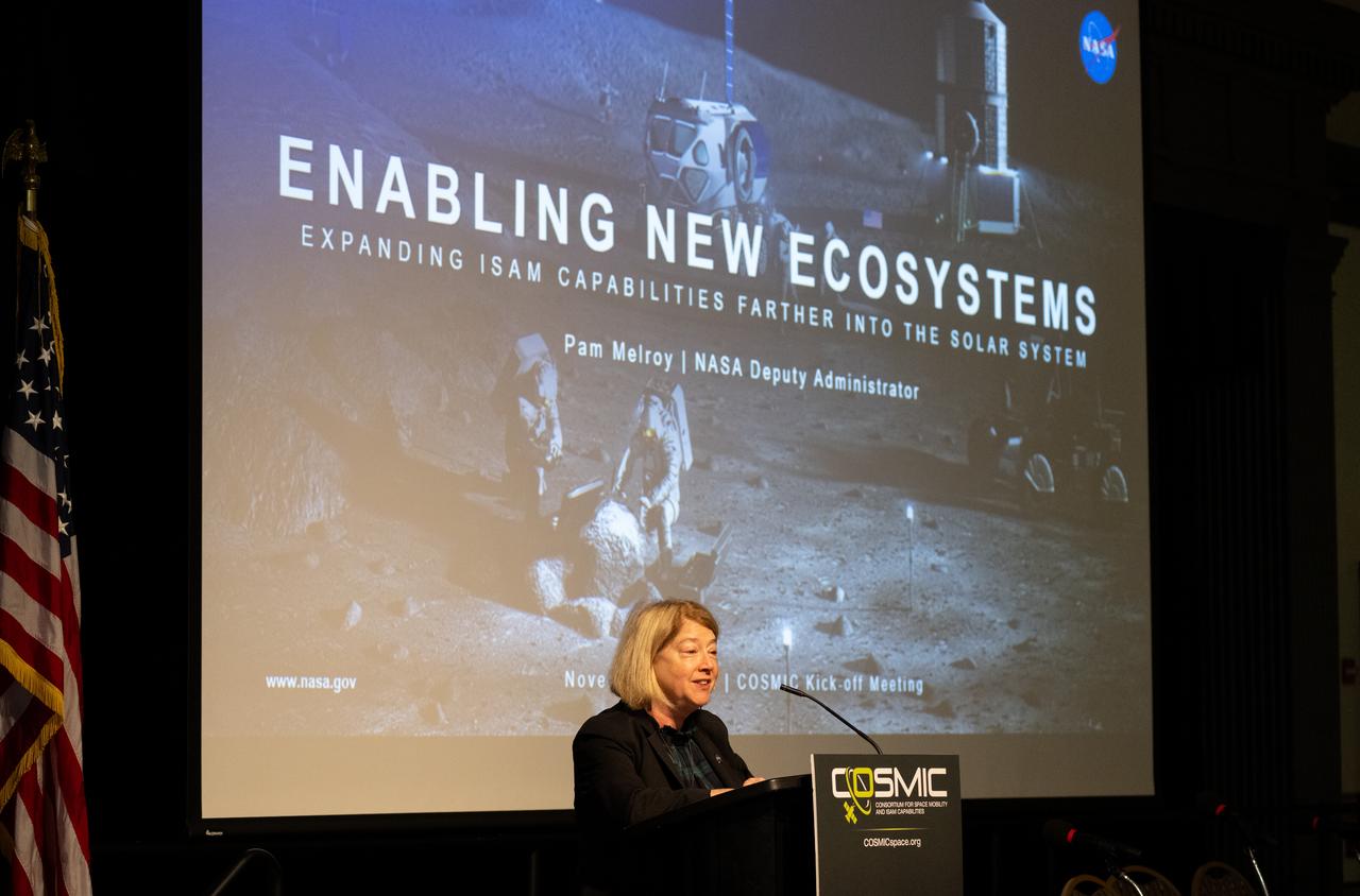 NASA Deputy Administrator Pam Melroy delivers keynote remarks at the Consortium for Space Mobility and ISAM Capabilities (COSMIC) workshop, Tuesday, Nov. 7, 2023, at the University of Maryland in College Park, Md. NASA’s Space Technology Mission Directorate formulated and funds COSMIC, aiming to create a nationwide aerospace community alliance that provides global leadership in space mobility and in-space servicing, assembly, and manufacturing (ISAM) for use in Earth orbit, lunar orbit, deep space, and on planetary surfaces. Photo Credit: (NASA/Joel Kowsky)