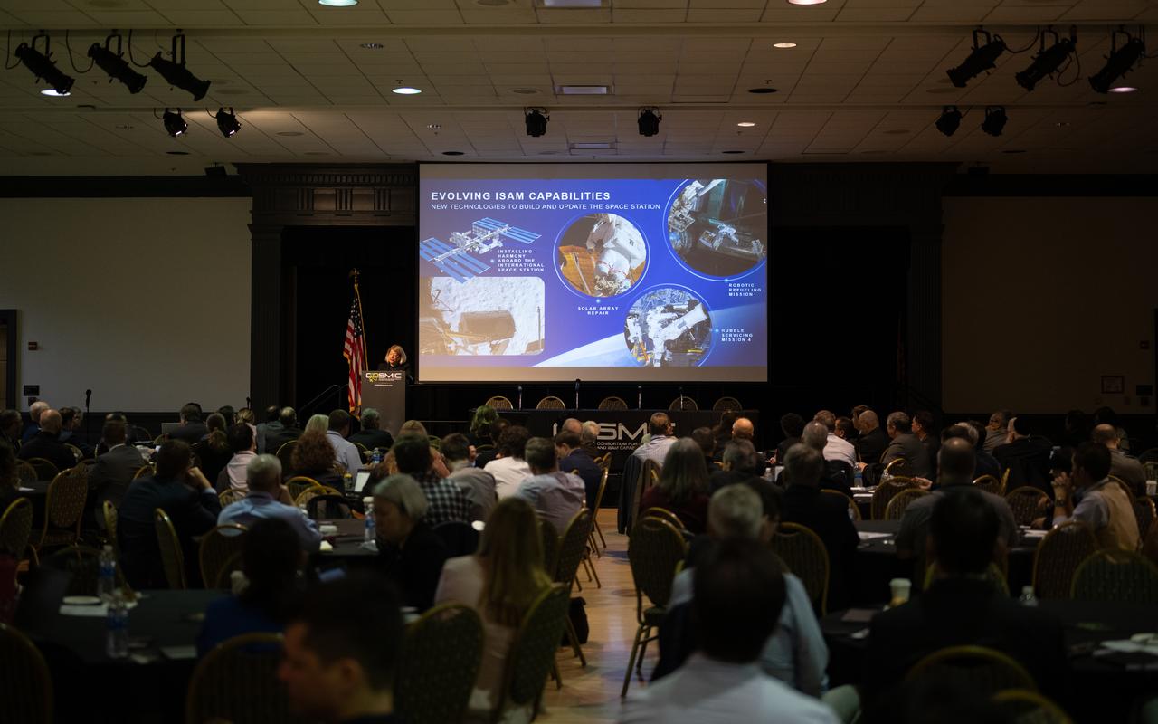 NASA Deputy Administrator Pam Melroy delivers keynote remarks at the Consortium for Space Mobility and ISAM Capabilities (COSMIC) workshop, Tuesday, Nov. 7, 2023, at the University of Maryland in College Park, Md. NASA’s Space Technology Mission Directorate formulated and funds COSMIC, aiming to create a nationwide aerospace community alliance that provides global leadership in space mobility and in-space servicing, assembly, and manufacturing (ISAM) for use in Earth orbit, lunar orbit, deep space, and on planetary surfaces. Photo Credit: (NASA/Joel Kowsky)