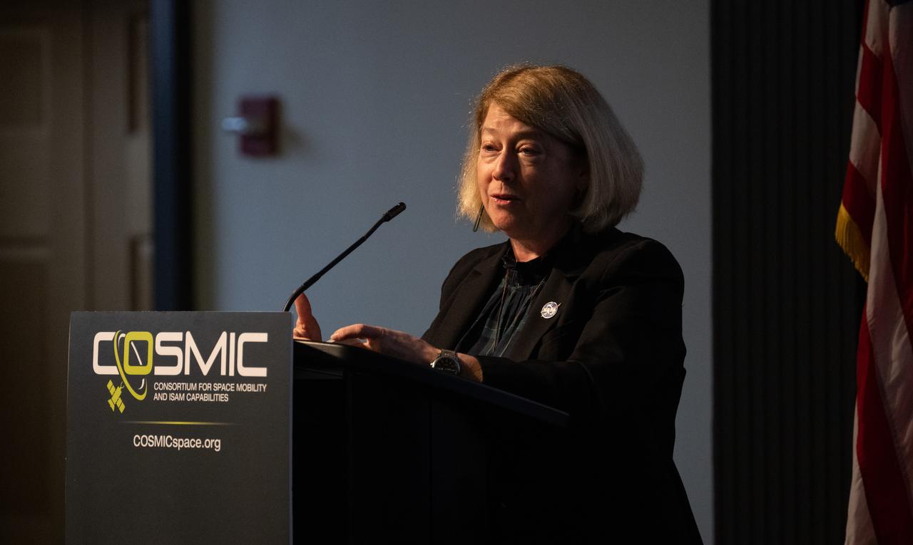 NASA Deputy Administrator Pam Melroy delivers keynote remarks at the Consortium for Space Mobility and ISAM Capabilities (COSMIC) workshop, Tuesday, Nov. 7, 2023, at the University of Maryland in College Park, Md. NASA’s Space Technology Mission Directorate formulated and funds COSMIC, aiming to create a nationwide aerospace community alliance that provides global leadership in space mobility and in-space servicing, assembly, and manufacturing (ISAM) for use in Earth orbit, lunar orbit, deep space, and on planetary surfaces. Photo Credit: (NASA/Joel Kowsky)