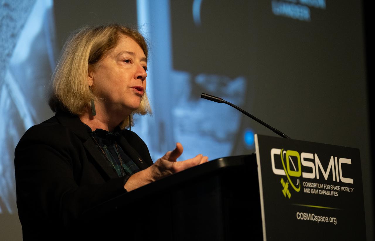 NASA Deputy Administrator Pam Melroy delivers keynote remarks at the Consortium for Space Mobility and ISAM Capabilities (COSMIC) workshop, Tuesday, Nov. 7, 2023, at the University of Maryland in College Park, Md. NASA’s Space Technology Mission Directorate formulated and funds COSMIC, aiming to create a nationwide aerospace community alliance that provides global leadership in space mobility and in-space servicing, assembly, and manufacturing (ISAM) for use in Earth orbit, lunar orbit, deep space, and on planetary surfaces. Photo Credit: (NASA/Joel Kowsky)