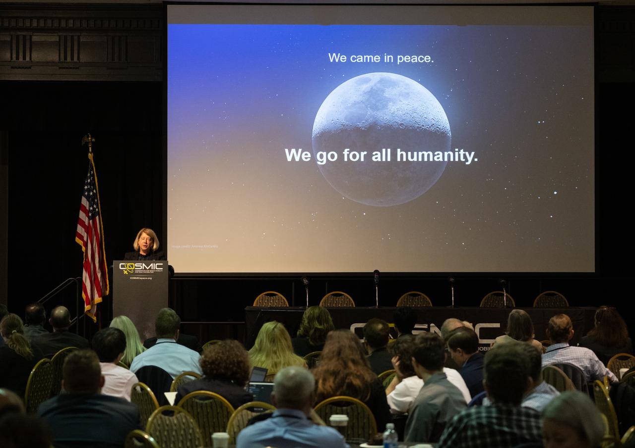 NASA Deputy Administrator Pam Melroy delivers keynote remarks at the Consortium for Space Mobility and ISAM Capabilities (COSMIC) workshop, Tuesday, Nov. 7, 2023, at the University of Maryland in College Park, Md. NASA’s Space Technology Mission Directorate formulated and funds COSMIC, aiming to create a nationwide aerospace community alliance that provides global leadership in space mobility and in-space servicing, assembly, and manufacturing (ISAM) for use in Earth orbit, lunar orbit, deep space, and on planetary surfaces. Photo Credit: (NASA/Joel Kowsky)