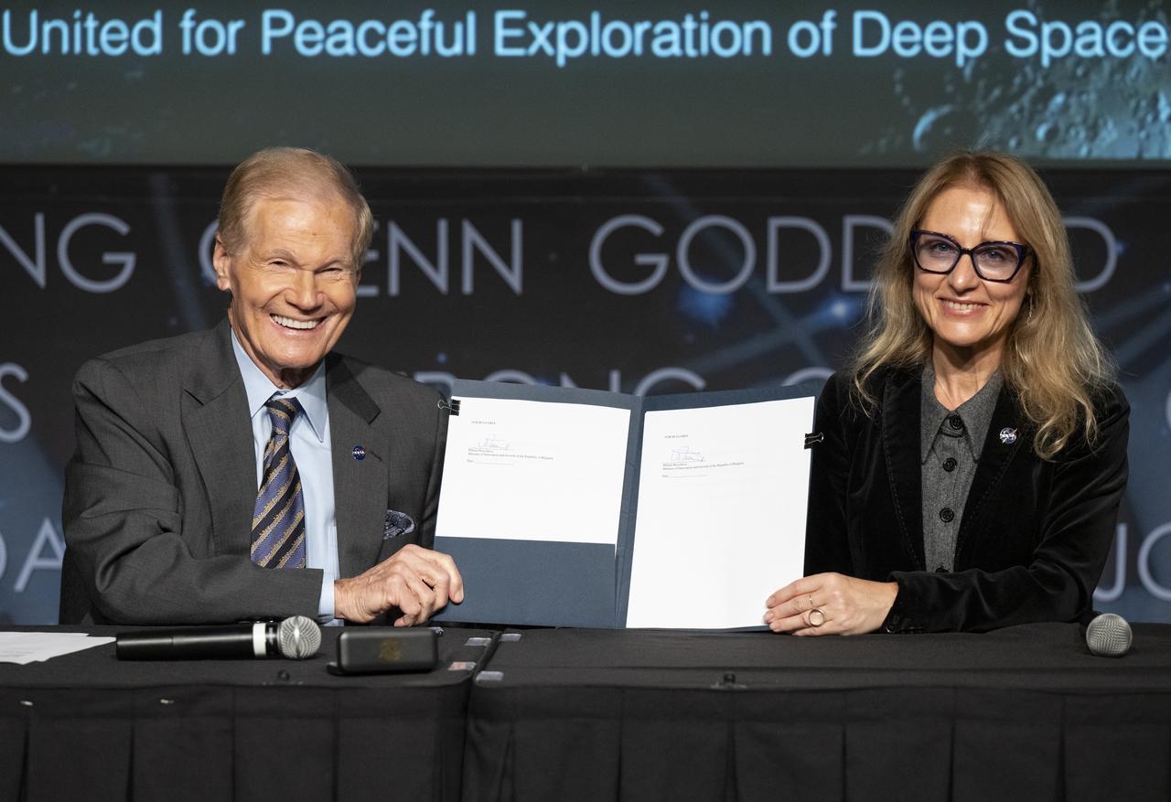NASA Administrator Bill Nelson, left, and Minister of Innovation and Growth for Bulgaria, Milena Stoycheva, pose for a photo during an Artemis Accords signing ceremony, Thursday, Nov. 9, 2023, at the Mary W. Jackson NASA Headquarters building in Washington. Bulgaria is the 32nd country to sign the Artemis Accords, which establish a practical set of principles to guide space exploration cooperation among nations participating in NASA’s Artemis program. Photo Credit: (NASA/Keegan Barber)