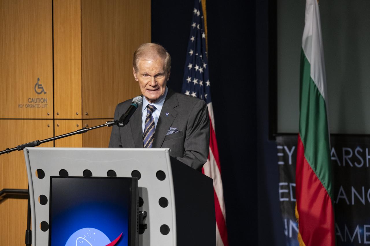 NASA Administrator Bill Nelson delivers remarks during an Artemis Accords signing ceremony, Thursday, Nov. 9, 2023, at the Mary W. Jackson NASA Headquarters building in Washington. Bulgaria is the 32nd country to sign the Artemis Accords, which establish a practical set of principles to guide space exploration cooperation among nations participating in NASA’s Artemis program. Photo Credit: (NASA/Keegan Barber)