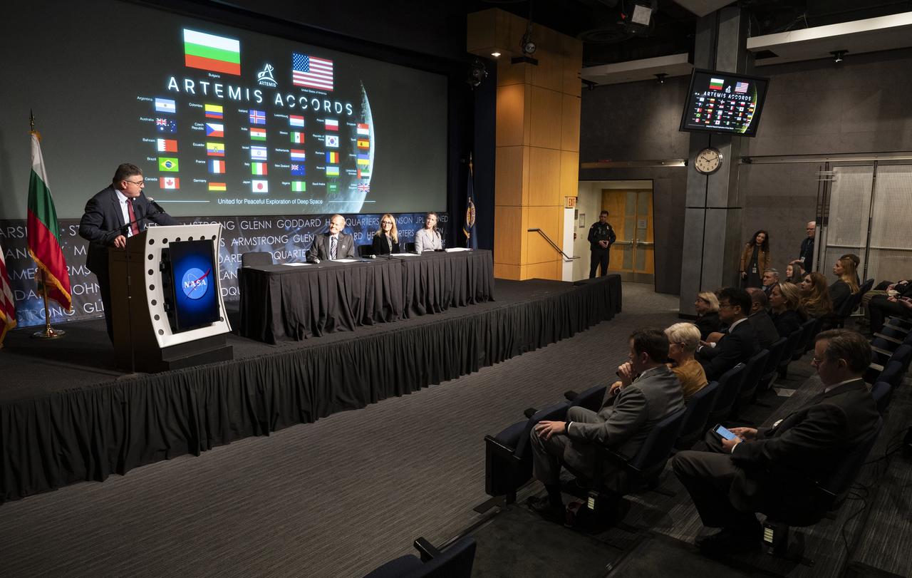 Ambassador of Bulgaria to the United States Georgi Panayotov, left, delivers remarks during an Artemis Accords signing ceremony as NASA Administrator Bill Nelson, second from left, Minister of Innovation and Growth for Bulgaria Milena Stoycheva, second from right, and U.S. Department of State Deputy Assistant Secretary Sonata Coulter, right, look on, Thursday, Nov. 9, 2023, at the Mary W. Jackson NASA Headquarters building in Washington. Bulgaria is the 32nd country to sign the Artemis Accords, which establish a practical set of principles to guide space exploration cooperation among nations participating in NASA’s Artemis program. Photo Credit: (NASA/Keegan Barber)