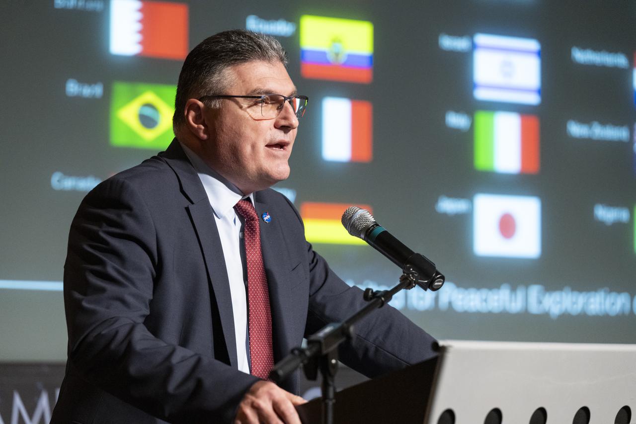 Ambassador of Bulgaria to the United States Georgi Panayotov delivers remarks during an Artemis Accords signing ceremony Thursday, Nov. 9, 2023, at the Mary W. Jackson NASA Headquarters building in Washington. Bulgaria is the 32nd country to sign the Artemis Accords, which establish a practical set of principles to guide space exploration cooperation among nations participating in NASA’s Artemis program. Photo Credit: (NASA/Keegan Barber)