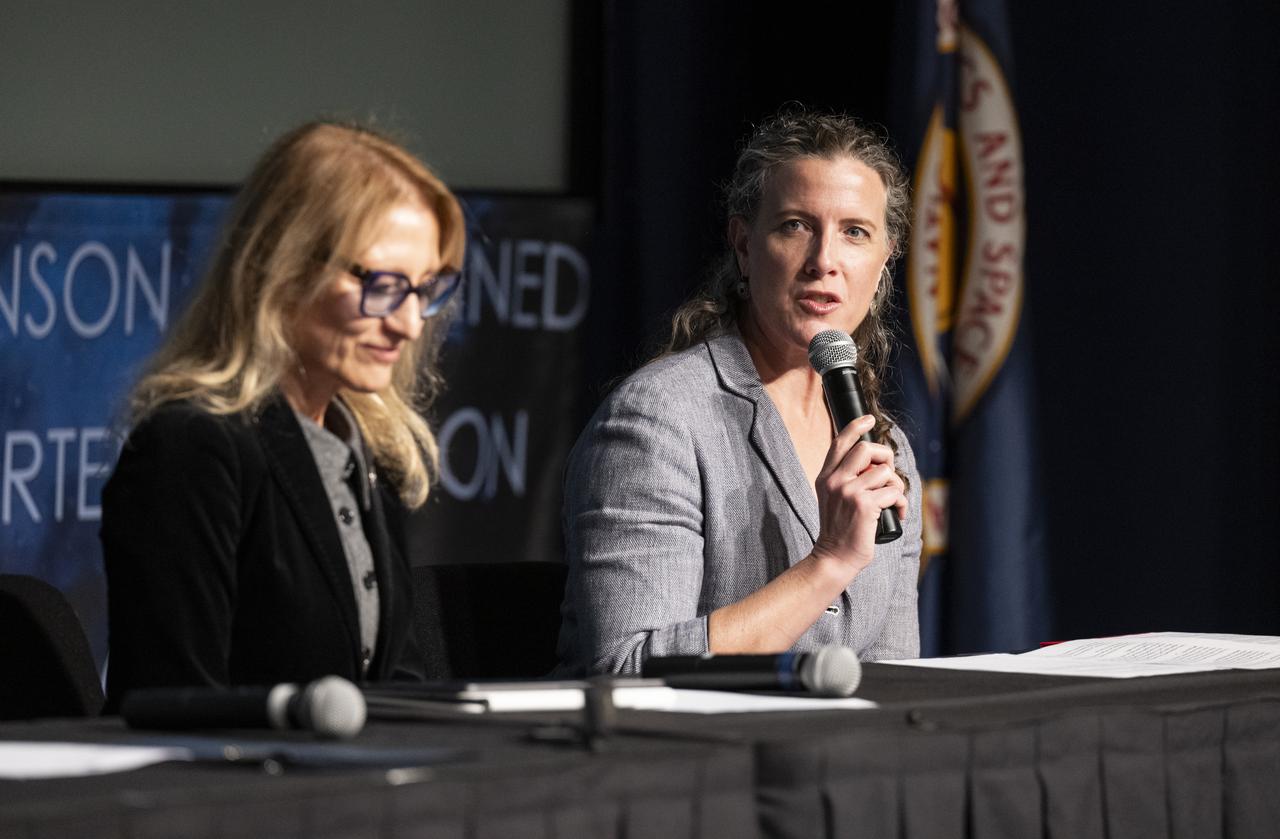 U.S. Department of State Deputy Assistant Secretary Sonata Coulter, right, delivers remarks during an Artemis Accords signing ceremony as Minister of Innovation and Growth for Bulgaria Milena Stoycheva looks on Thursday, Nov. 9, 2023, at the Mary W. Jackson NASA Headquarters building in Washington. Bulgaria is the 32nd country to sign the Artemis Accords, which establish a practical set of principles to guide space exploration cooperation among nations participating in NASA’s Artemis program. Photo Credit: (NASA/Keegan Barber)