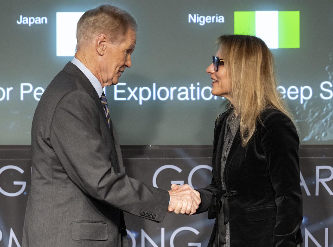 NASA Administrator Bill Nelson, left, and Minister of Innovation and Growth for Bulgaria, Milena Stoycheva, shake hands following an Artemis Accords signing ceremony, Thursday, Nov. 9, 2023, at the Mary W. Jackson NASA Headquarters building in Washington. Bulgaria is the 32nd country to sign the Artemis Accords, which establish a practical set of principles to guide space exploration cooperation among nations participating in NASA’s Artemis program. Photo Credit: (NASA/Keegan Barber)