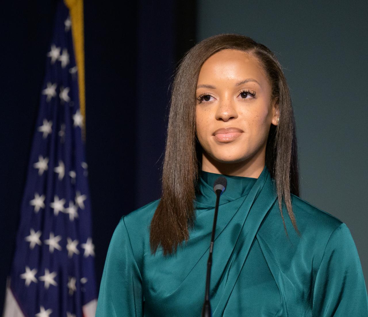 Acting NASA Press Secretary Faith McKie opens a NASA town hall event, Tuesday, Dec. 12, 2023, at the NASA Headquarters Mary W. Jackson Building in Washington. Photo Credit: (NASA/Bill Ingalls)