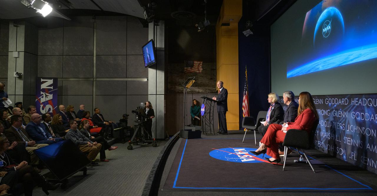 NASA Administrator Bill Nelson gives remarks during a NASA town hall event, as NASA Deputy Administrator Pam Melroy, NASA Associate Administrator Bob Cabana, and NASA Deputy Associate Administrator Casey Swails look on, Tuesday, Dec. 12, 2023, at the NASA Headquarters Mary W. Jackson Building in Washington. Photo Credit: (NASA/Bill Ingalls)