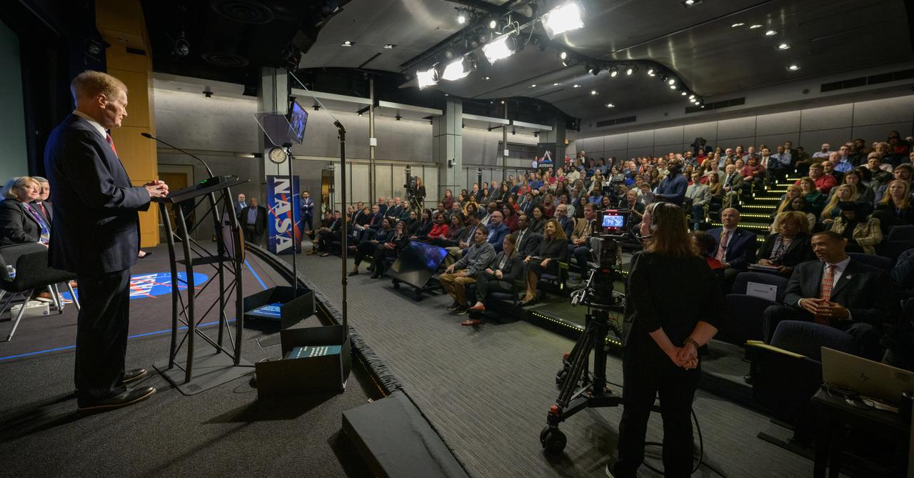 NASA Administrator Bill Nelson gives remarks during a NASA town hall event, as NASA Deputy Administrator Pam Melroy, NASA Associate Administrator Bob Cabana, and NASA Deputy Associate Administrator Casey Swails look on, Tuesday, Dec. 12, 2023, at the NASA Headquarters Mary W. Jackson Building in Washington. Photo Credit: (NASA/Bill Ingalls)