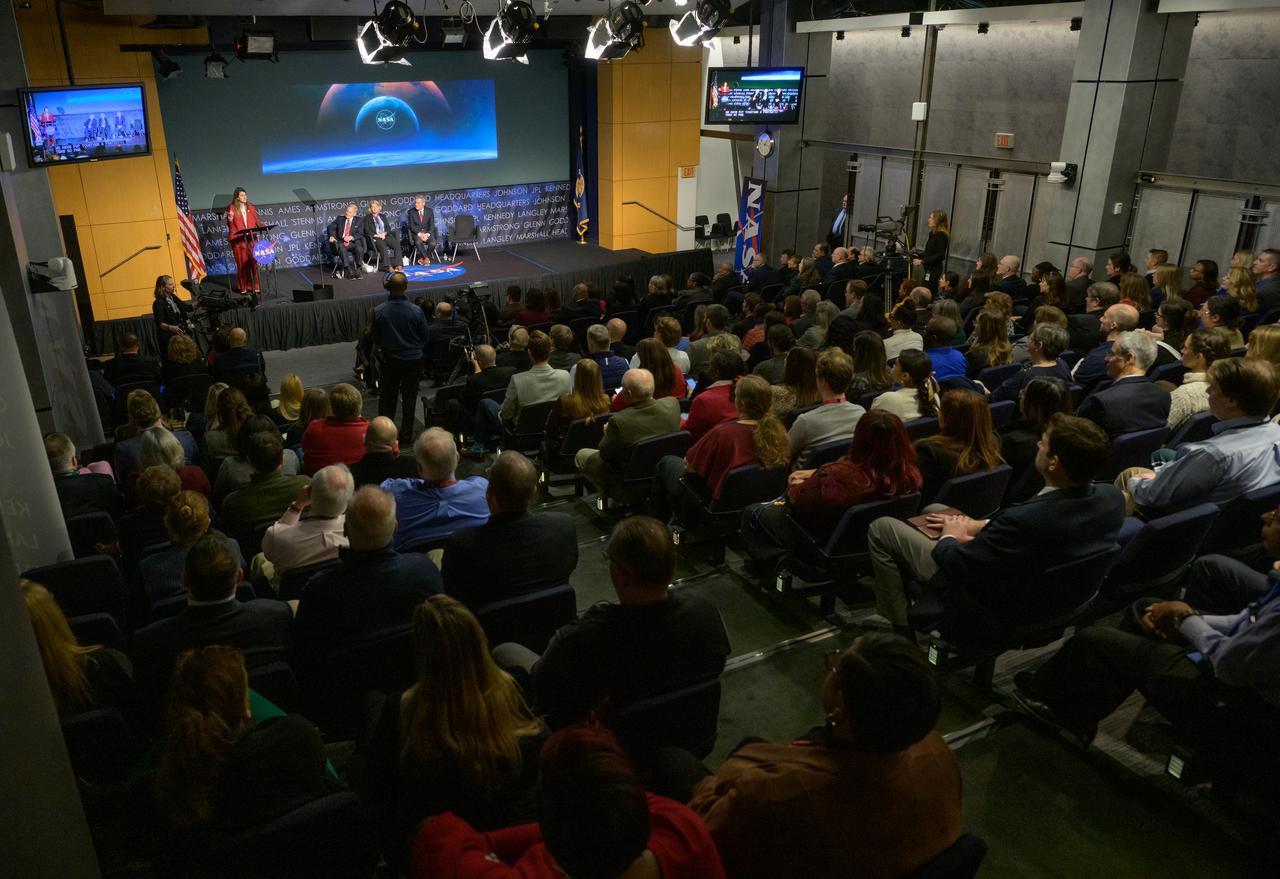 NASA Deputy Associate Administrator Casey Swails gives remarks during a NASA town hall event as NASA Administrator Bill Nelson, NASA Deputy Administrator Pam Melroy, and NASA Associate Administrator Bob Cabana look on, Tuesday, Dec. 12, 2023, at the NASA Headquarters Mary W. Jackson Building in Washington. Photo Credit: (NASA/Bill Ingalls)