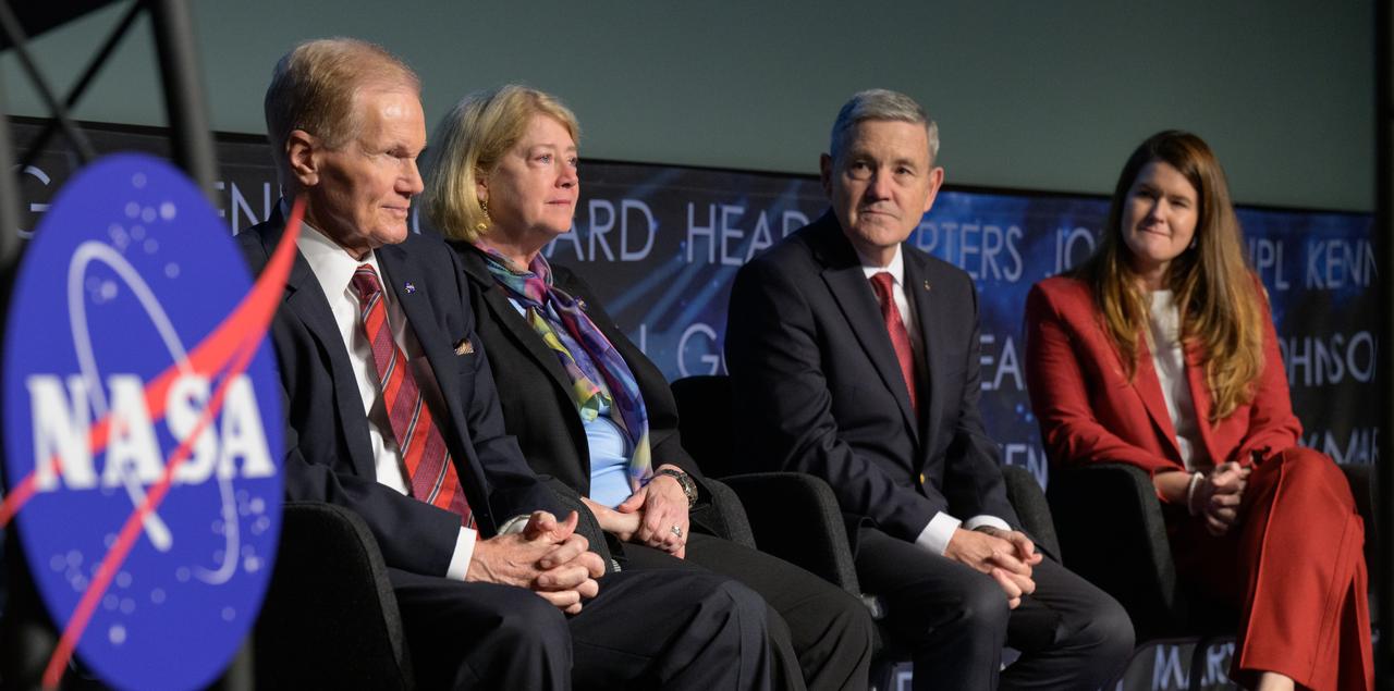NASA Administrator Bill Nelson, left, NASA Deputy Administrator Pam Melroy, NASA Associate Administrator Bob Cabana, and NASA Deputy Associate Administrator Casey Swails are seen during a NASA town hall event, Tuesday, Dec. 12, 2023, at the NASA Headquarters Mary W. Jackson Building in Washington. Photo Credit: (NASA/Bill Ingalls)