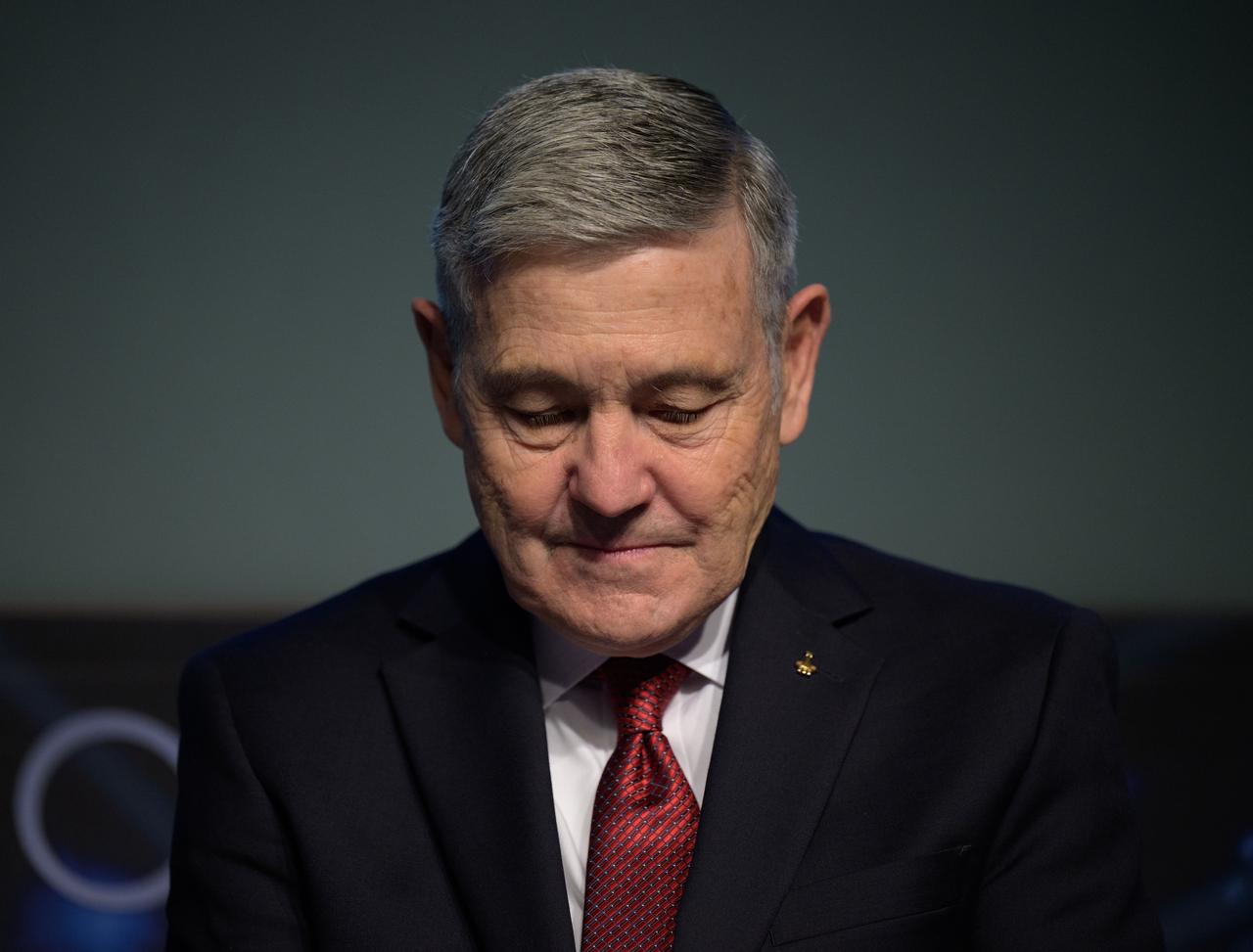 NASA Associate Administrator Bob Cabana listens as NASA Administrator Bill Nelson remarks on his Cabana’s career during a NASA town hall event, Tuesday, Dec. 12, 2023, at the NASA Headquarters Mary W. Jackson Building in Washington. Photo Credit: (NASA/Bill Ingalls)