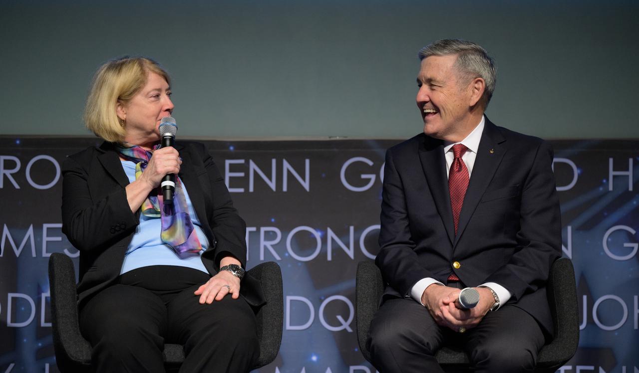 NASA Deputy Administrator Pam Melroy, left, and NASA Associate Administrator Bob Cabana laugh during a NASA town hall event, Tuesday, Dec. 12, 2023, at the NASA Headquarters Mary W. Jackson Building in Washington. Photo Credit: (NASA/Bill Ingalls)