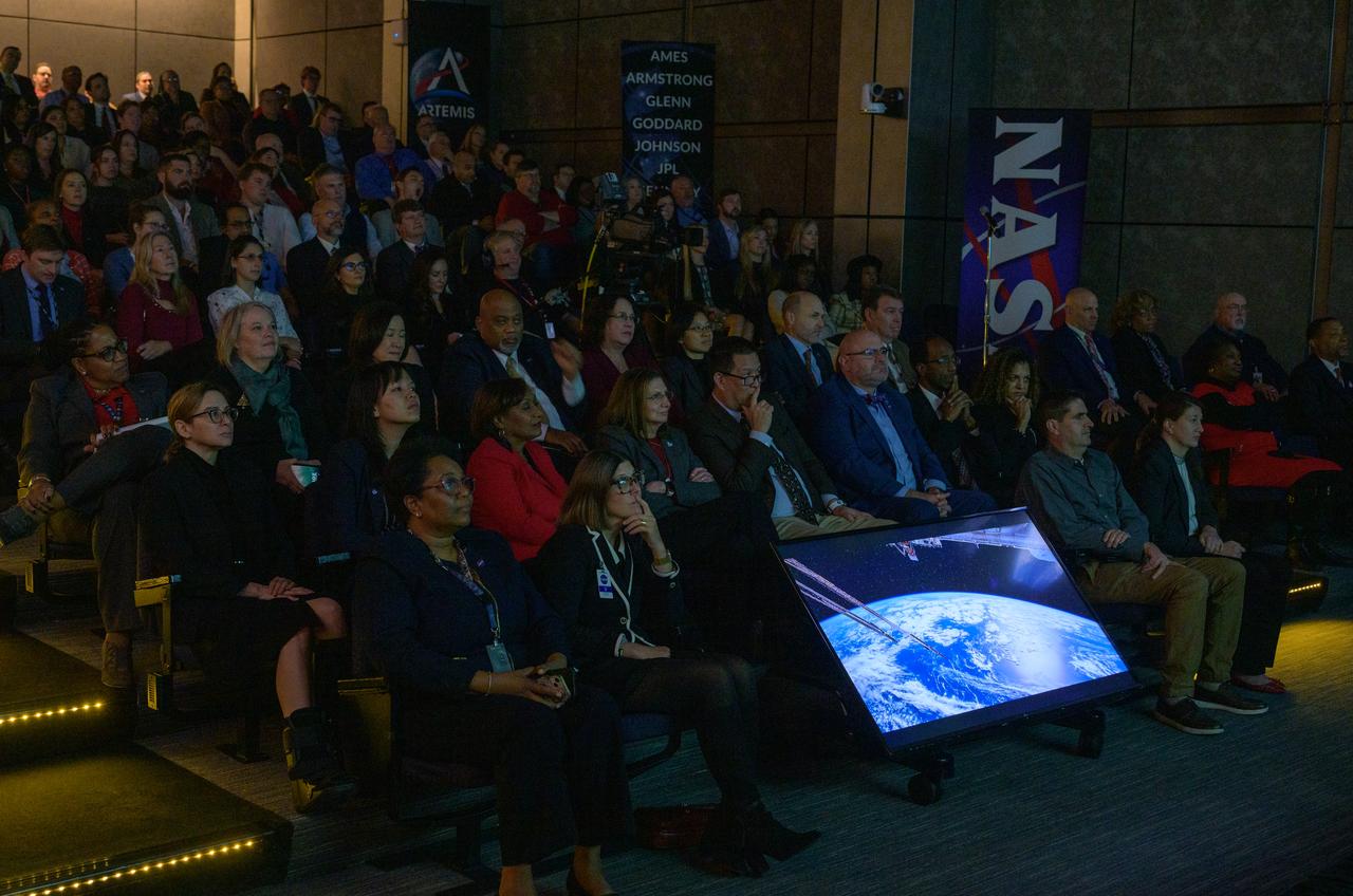 NASA employees watch a 2024 look ahead video during a NASA town hall event, Tuesday, Dec. 12, 2023, at the NASA Headquarters Mary W. Jackson Building in Washington. Photo Credit: (NASA/Bill Ingalls)