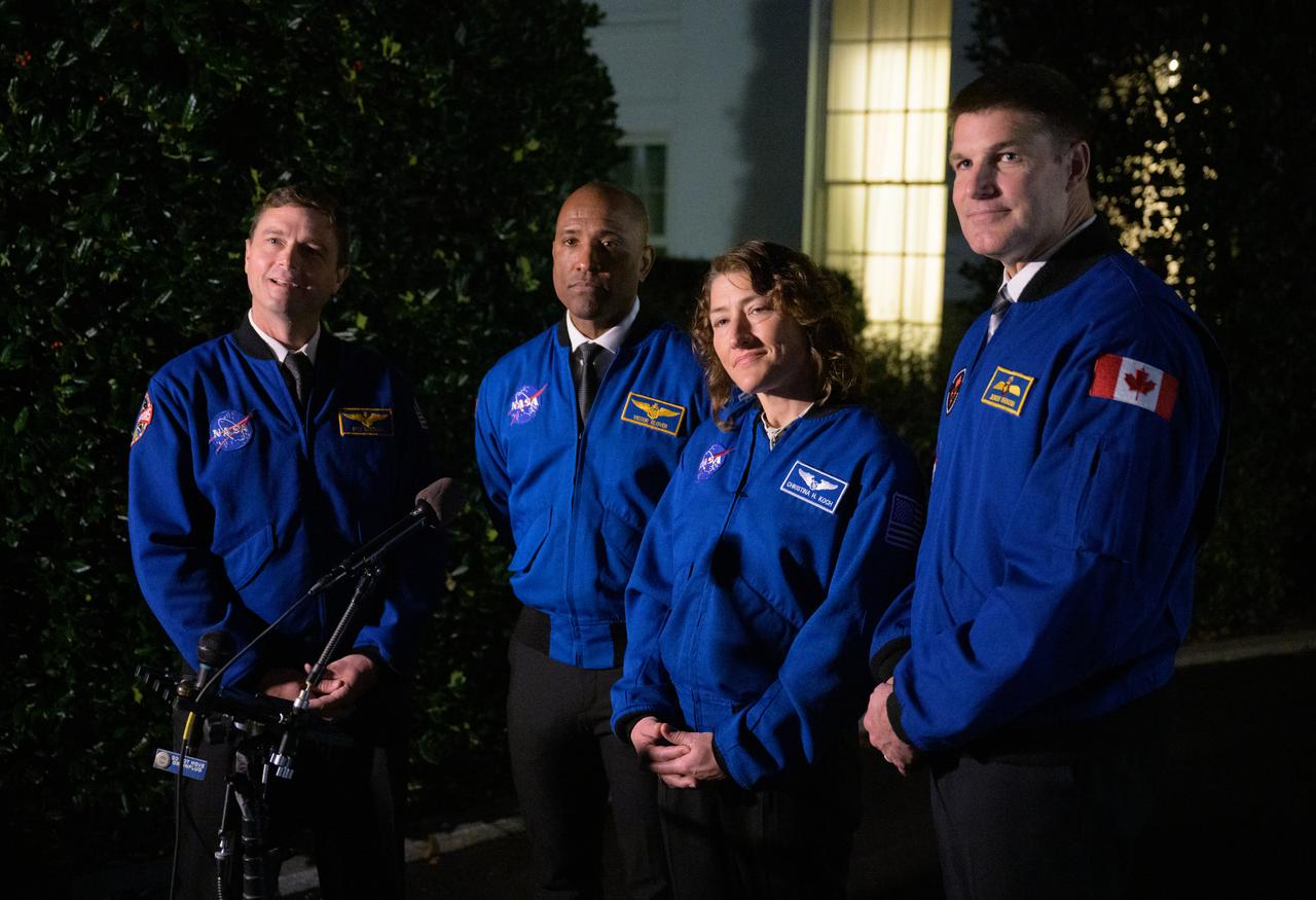 Artemis II crew members: NASA astronauts Reid Wiseman, left, Victor Glover, and Christina Koch, and CSA (Canadian Space Agency) astronaut Jeremy Hansen, right, speak to reporters after their meetings with U.S. President Joe Biden and U.S. Vice President Kamala Harris at the White House in Washington, Thursday, Dec. 14, 2023. During their mission, the Artemis II crew will travel aboard NASA's Orion spacecraft on a 10-day mission around the Moon, testing spacecraft systems for the first time with astronauts for long-term exploration and scientific discovery. Photo Credit: (NASA/Bill Ingalls)
