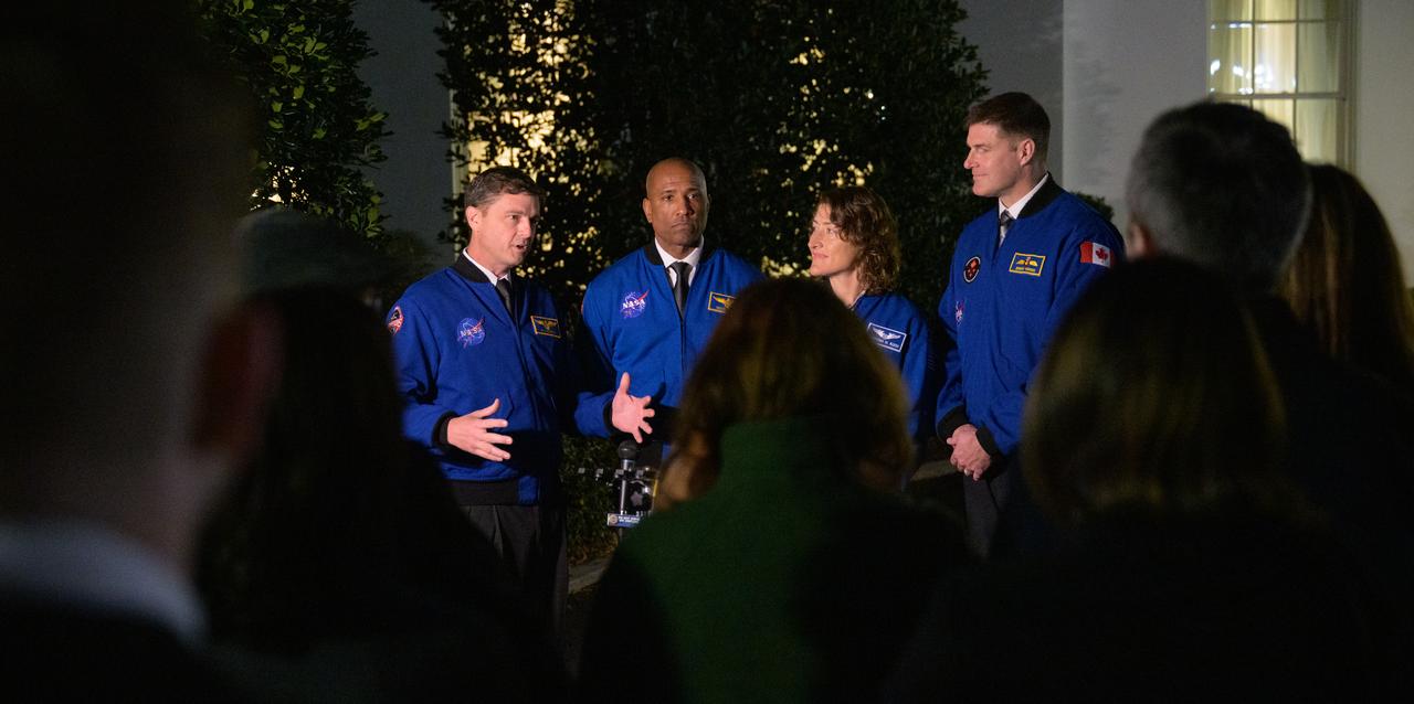 Artemis II crew members: NASA astronauts Reid Wiseman, left, Victor Glover, and Christina Koch, and CSA (Canadian Space Agency) astronaut Jeremy Hansen, right, speak to reporters after their meetings with U.S. President Joe Biden and U.S. Vice President Kamala Harris at the White House in Washington, Thursday, Dec. 14, 2023. During their mission, the Artemis II crew will travel aboard NASA's Orion spacecraft on a 10-day mission around the Moon, testing spacecraft systems for the first time with astronauts for long-term exploration and scientific discovery. Photo Credit: (NASA/Bill Ingalls)