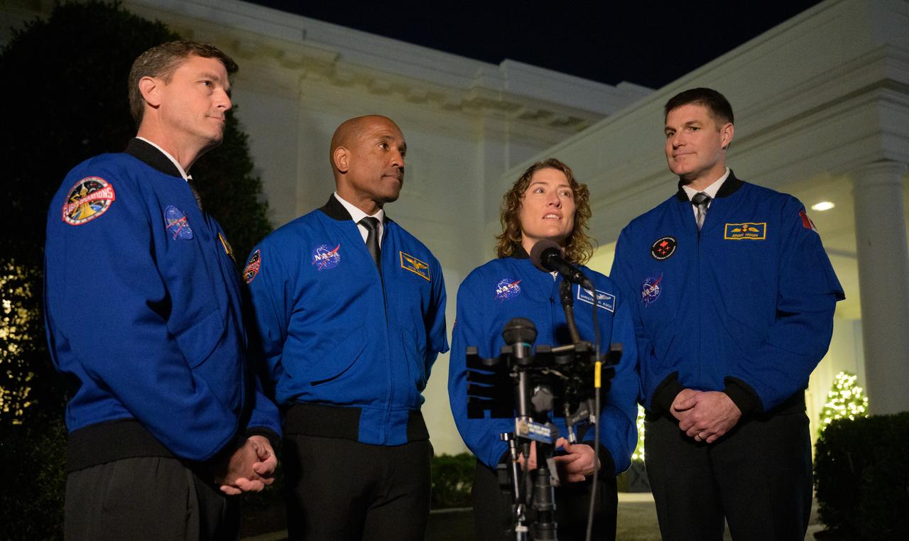 Artemis II crew members: NASA astronauts Reid Wiseman, left, Victor Glover, and Christina Koch, and CSA (Canadian Space Agency) astronaut Jeremy Hansen, right, speak to reporters after their meetings with U.S. President Joe Biden and U.S. Vice President Kamala Harris at the White House in Washington, Thursday, Dec. 14, 2023. During their mission, the Artemis II crew will travel aboard NASA's Orion spacecraft on a 10-day mission around the Moon, testing spacecraft systems for the first time with astronauts for long-term exploration and scientific discovery. Photo Credit: (NASA/Bill Ingalls)