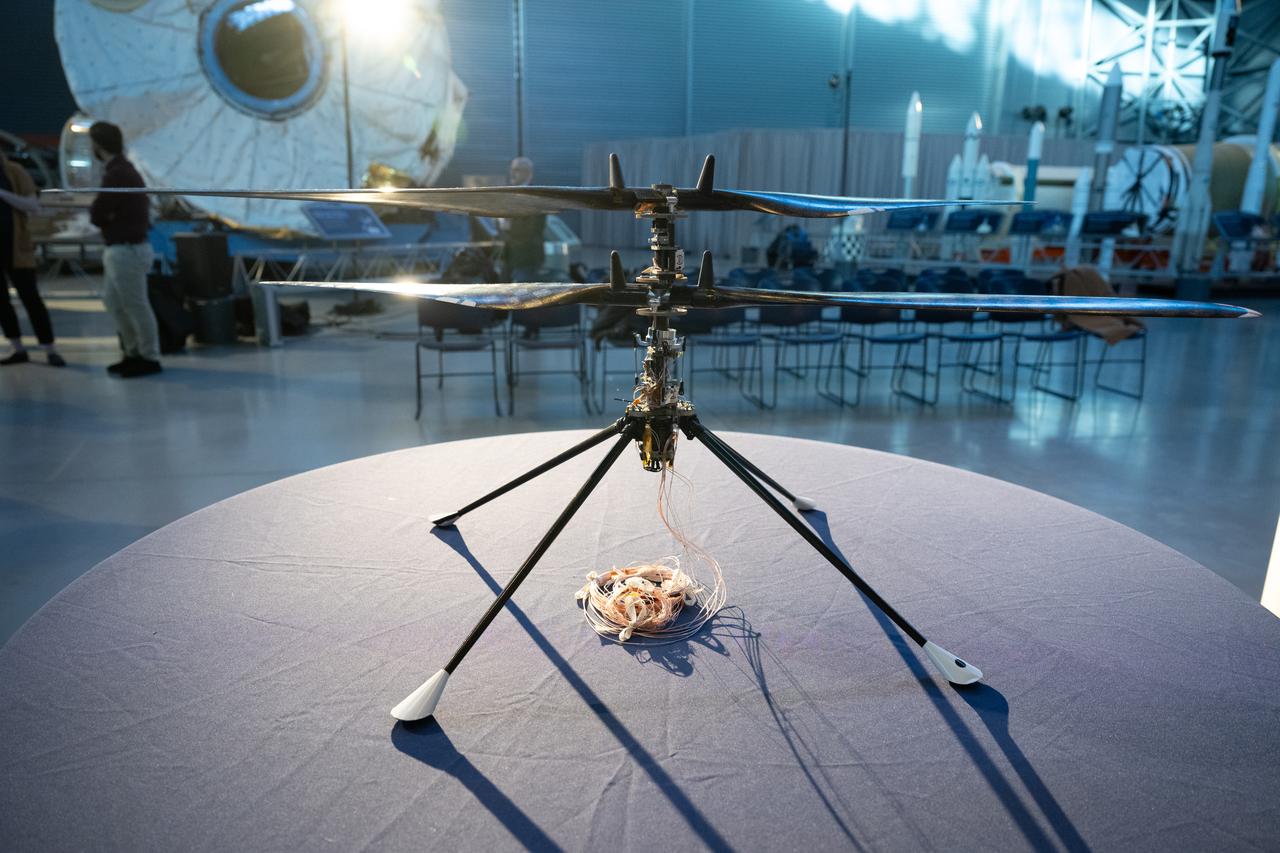 The aerial prototype of the Ingenuity Mars Helicopter is seen at the Smithsonian National Air and Space Museum’s Steve F. Udvar-Hazy Center, Friday, Dec. 15, 2023, in Chantilly, Va. The prototype, which was the first to demonstrate it was possible to fly in a simulated Mars environment at NASA’s Jet Propulsion Laboratory (JPL), was donated to the museum on Friday. Photo Credit: (NASA/Joel Kowsky)