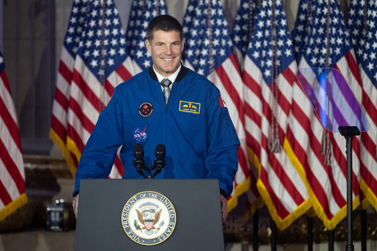 CSA (Canadian Space Agency) astronaut and Artemis II crew member Jeremy Hansen introduces Vice President Kamala Harris during the third meeting of the National Space Council, Wednesday, Dec. 20, 2023, at the Andrew W. Mellon Auditorium in Washington. Chaired by Vice President Kamala Harris, the council's role is to advise the President regarding national space policy and strategy, and ensuring the United States capitalizes on the opportunities presented by the country’s space activities.  Photo Credit: (NASA/Joel Kowsky)