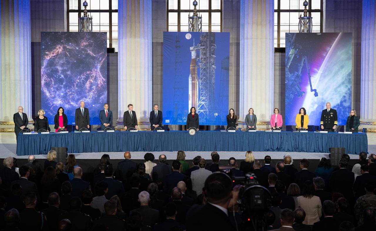 Vice President Kamala Harris, center, is seen with members of the National Space Council during  the council’s third meeting, Wednesday, Dec. 20, 2023, at the Andrew W. Mellon Auditorium in Washington. Chaired by Vice President Kamala Harris, the council's role is to advise the President regarding national space policy and strategy, and ensuring the United States capitalizes on the opportunities presented by the country’s space activities.  Photo Credit: (NASA/Joel Kowsky)