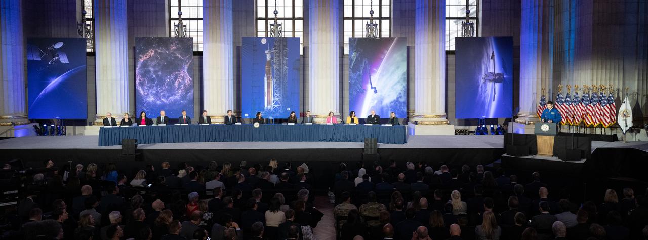 CSA (Canadian Space Agency) astronaut and Artemis II crew member Jeremy Hansen introduces Vice President Kamala Harris during the third meeting of the National Space Council, Wednesday, Dec. 20, 2023, at the Andrew W. Mellon Auditorium in Washington. Chaired by Vice President Kamala Harris, the council's role is to advise the President regarding national space policy and strategy, and ensuring the United States capitalizes on the opportunities presented by the country’s space activities.  Photo Credit: (NASA/Joel Kowsky)