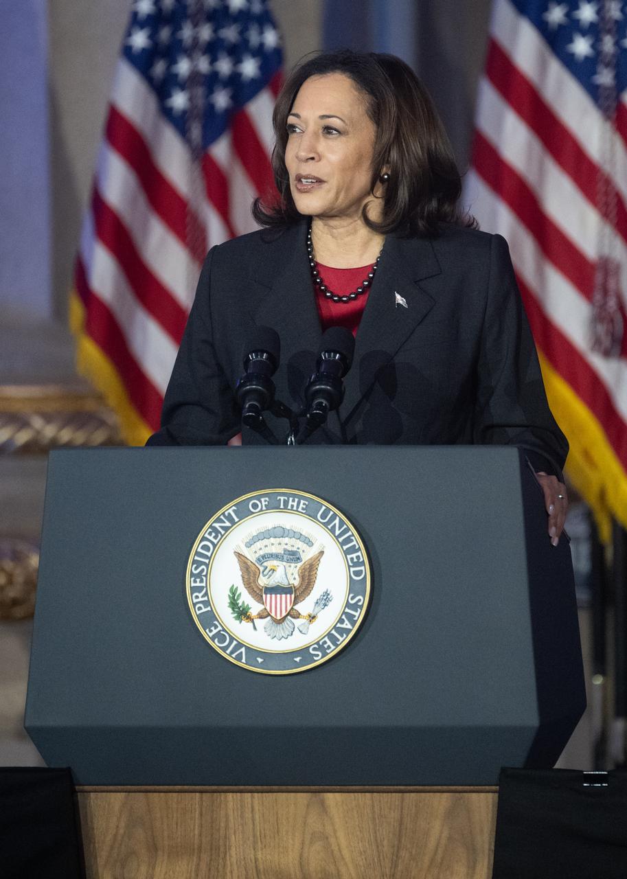 Vice President Kamala Harris delivers remarks at the third meeting of the National Space Council, Wednesday, Dec. 20, 2023, at the Andrew W. Mellon Auditorium in Washington. Chaired by Vice President Kamala Harris, the council's role is to advise the President regarding national space policy and strategy, and ensuring the United States capitalizes on the opportunities presented by the country’s space activities.  Photo Credit: (NASA/Joel Kowsky)
