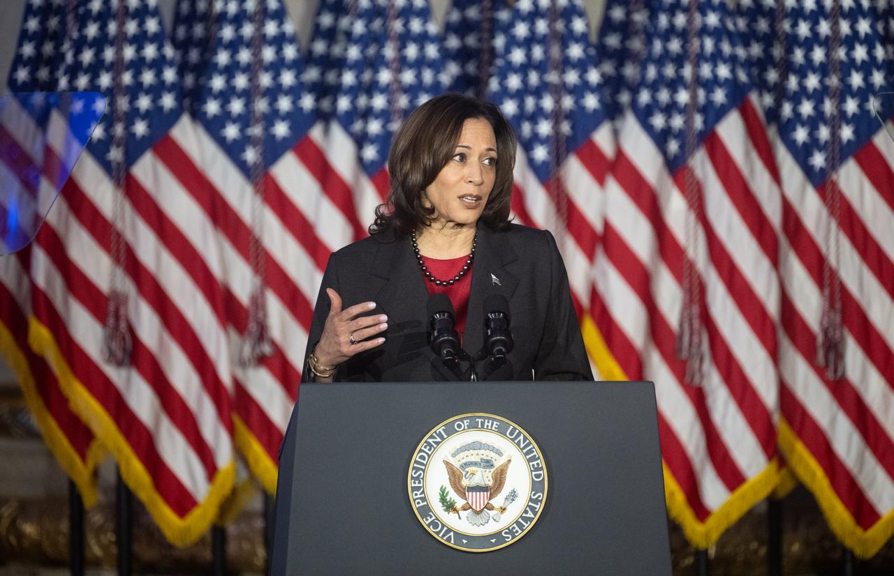 Vice President Kamala Harris delivers remarks at the third meeting of the National Space Council, Wednesday, Dec. 20, 2023, at the Andrew W. Mellon Auditorium in Washington. Chaired by Vice President Kamala Harris, the council's role is to advise the President regarding national space policy and strategy, and ensuring the United States capitalizes on the opportunities presented by the country’s space activities.  Photo Credit: (NASA/Joel Kowsky)